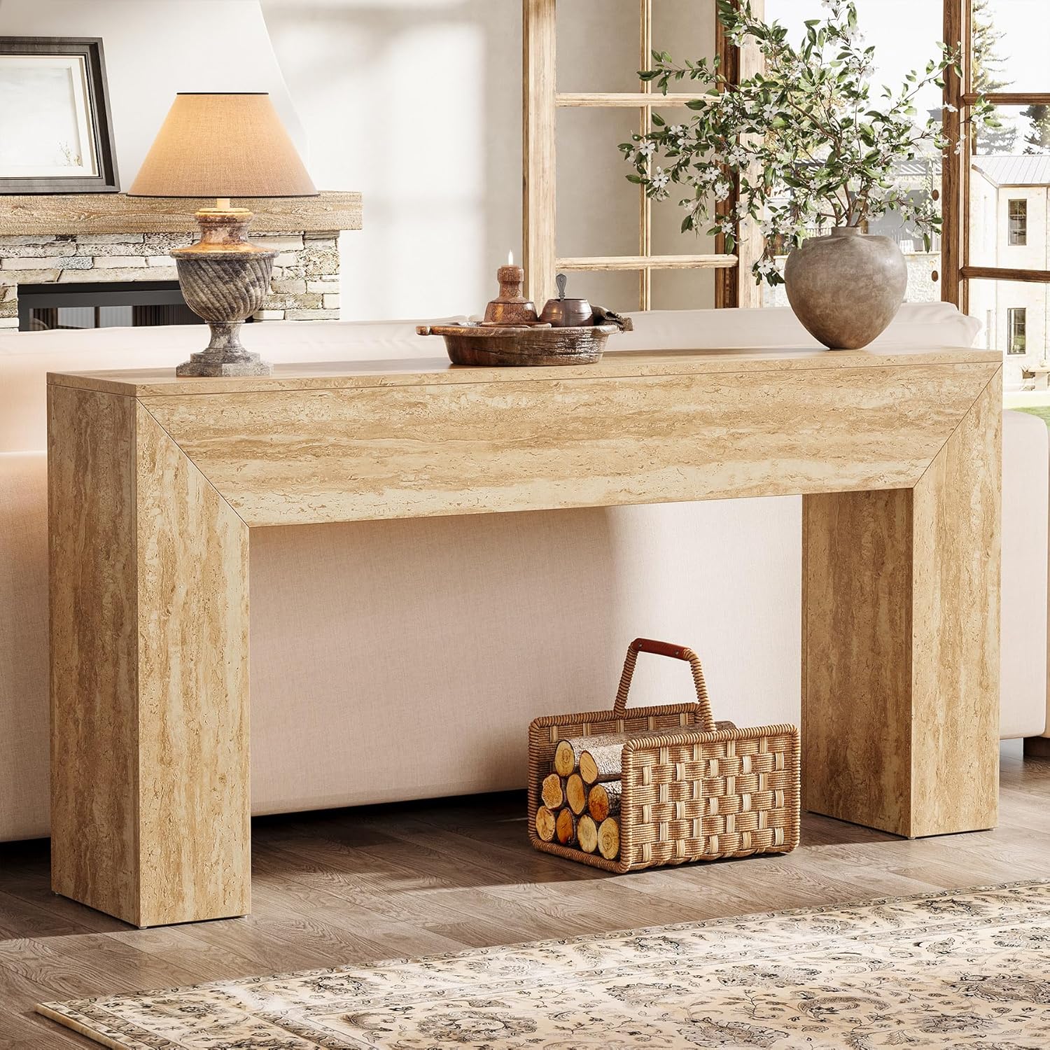160 cm Moderne Houten Salontafel met Faux Travertine Afwerking, Smalle Banktafel voor Achter de Bank in Woonkamer