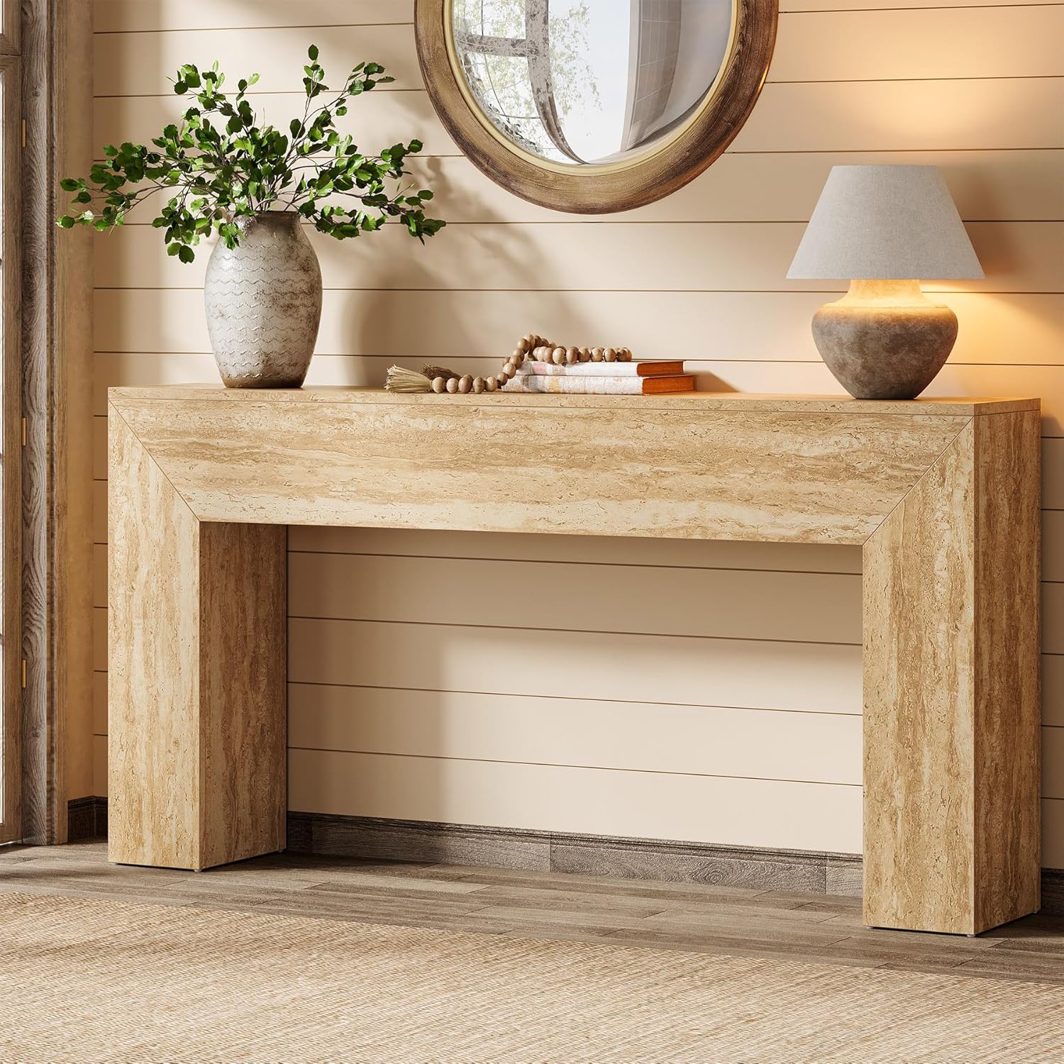 160 cm Moderne Houten Salontafel met Faux Travertine Afwerking, Smalle Banktafel voor Achter de Bank in Woonkamer