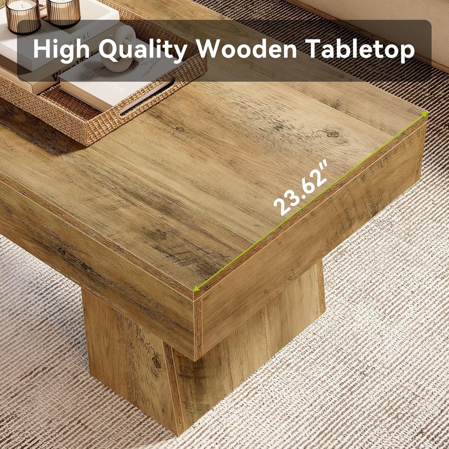 120 cm Landelijke Salontafel, Moderne Lage Woonkamertafel met Dikke Onderbouw