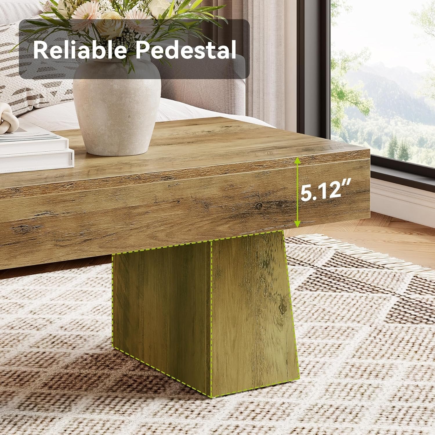120 cm Landelijke Salontafel, Moderne Lage Woonkamertafel met Dikke Onderbouw