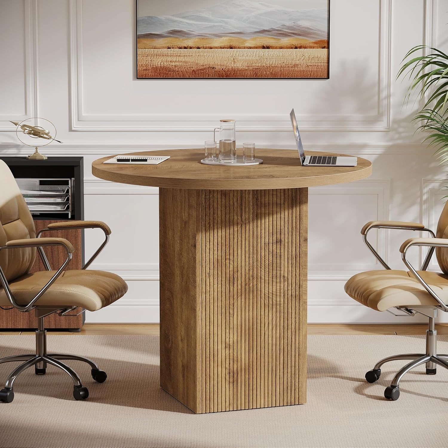 80 cm Tribesigns Ronde Vergadertafel, Met Houten Gecanneleerde Voet voor Ruimtebesparing