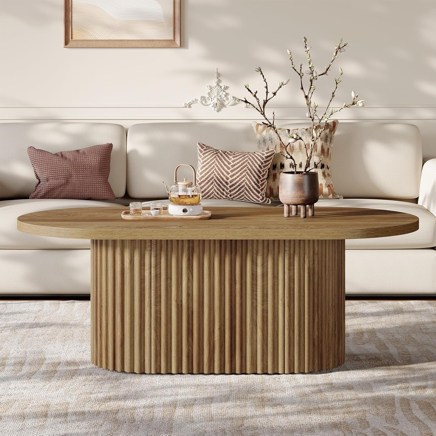 120 cm Ovale Salontafel in Landelijke Stijl, Houten Centertafel met Geribbelde Afwerking