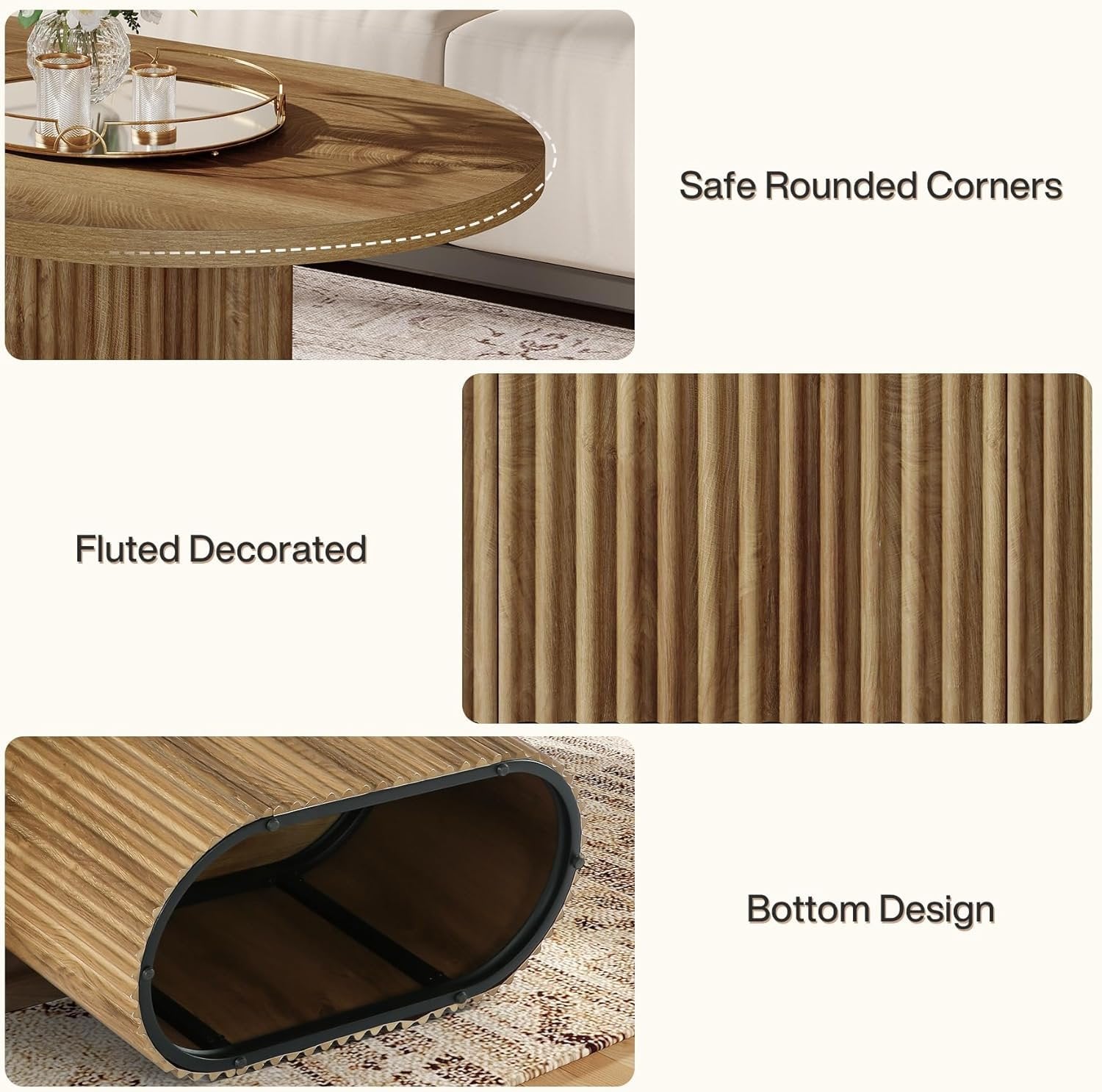 120 cm Ovale Salontafel in Landelijke Stijl, Houten Centertafel met Geribbelde Afwerking
