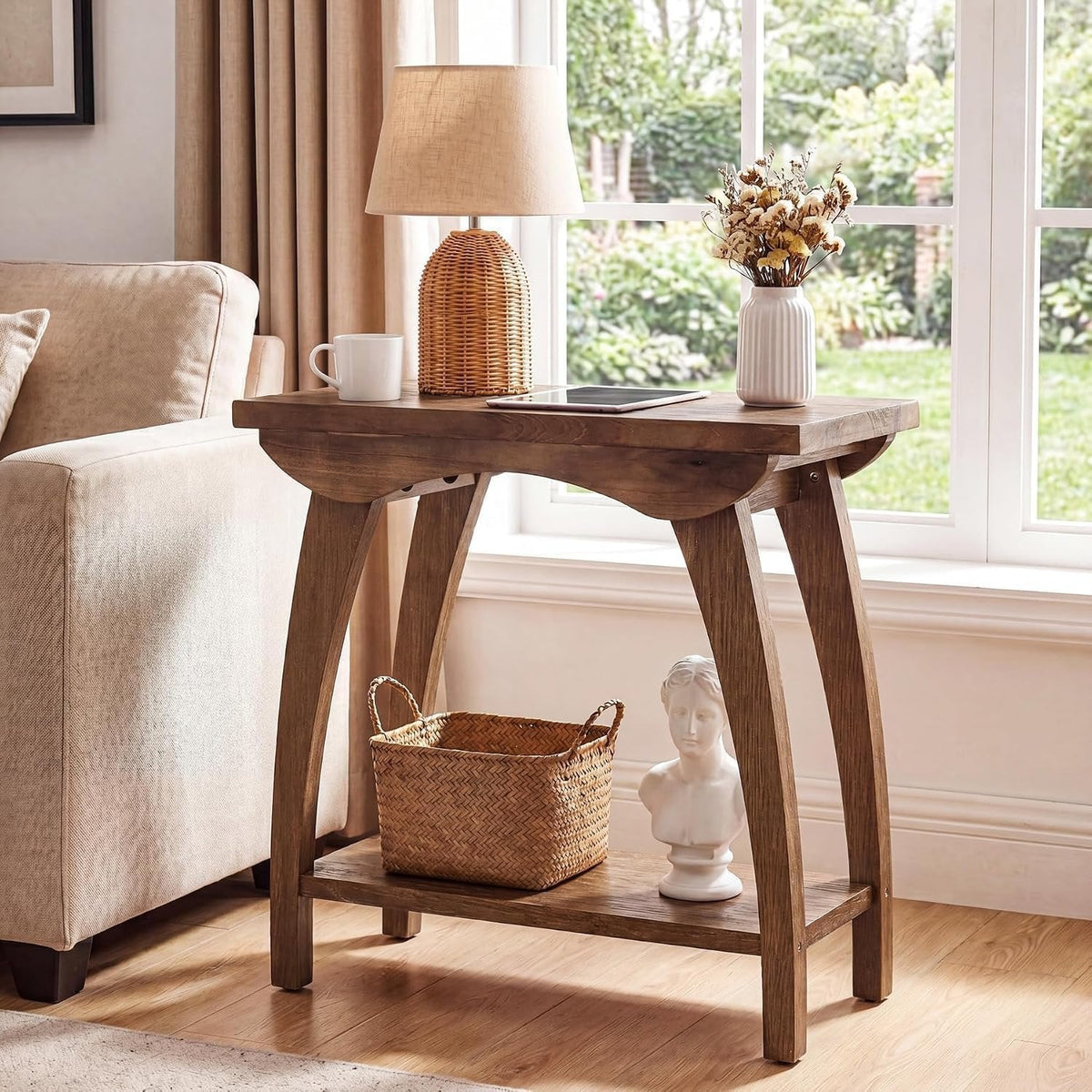 Tribesigns 60 cm ronde bijzettafel van massief hout met 2 legplanken