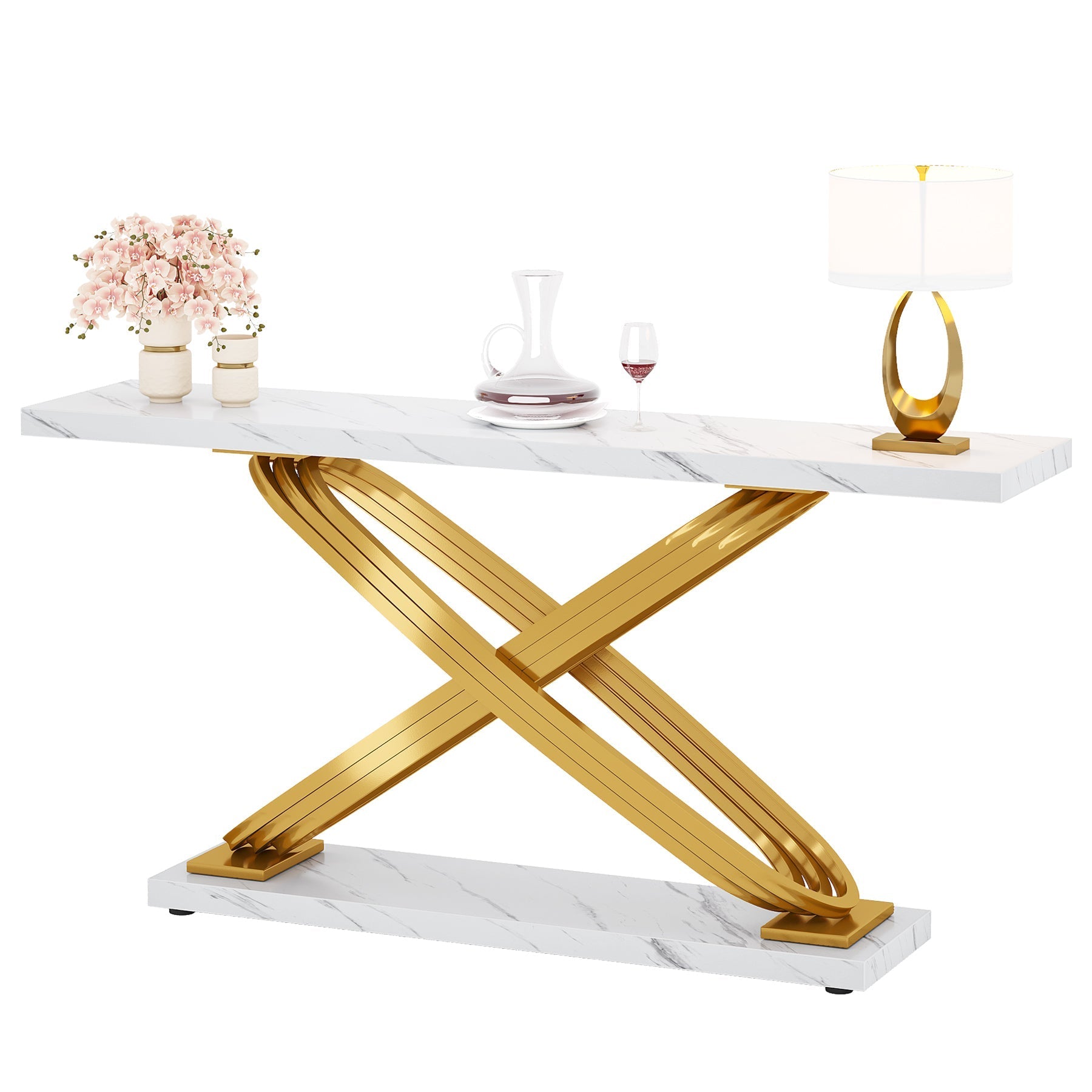 140 cm Moderne Consoletafel, Luxe Faux Marmeren Banktafel in Goud en Wit