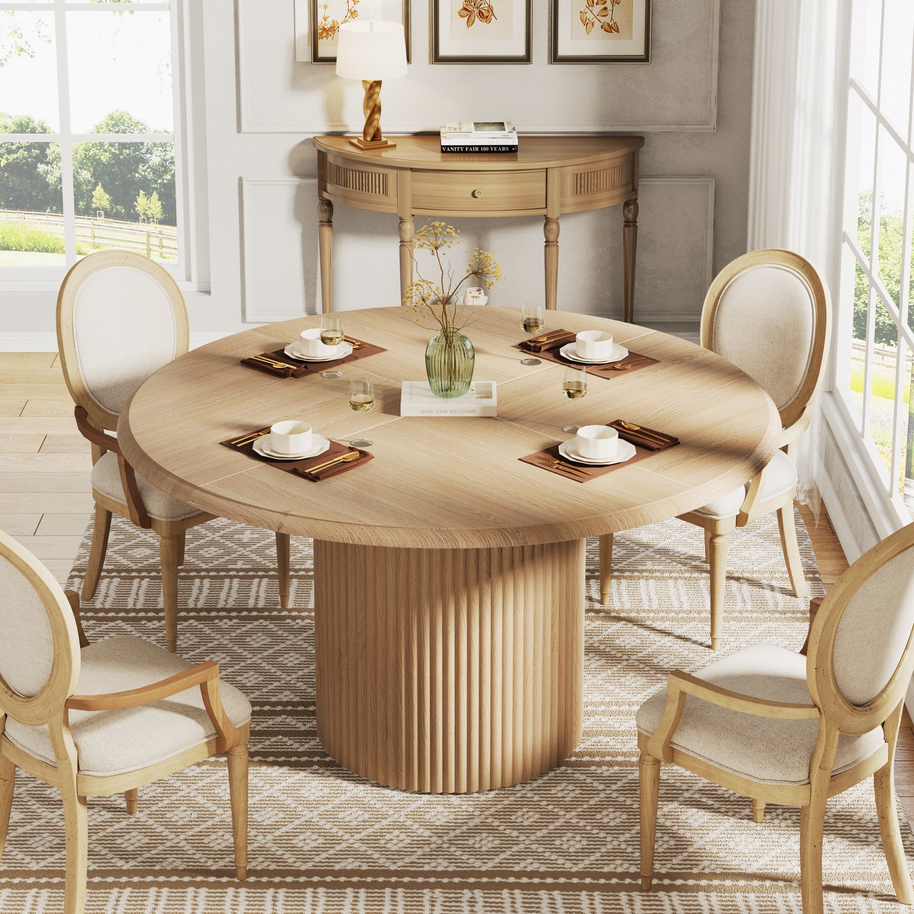 Ronde Eettafel, 120 cm Farmhouse Keukentafel met Metalen Basis voor 4 Personen
