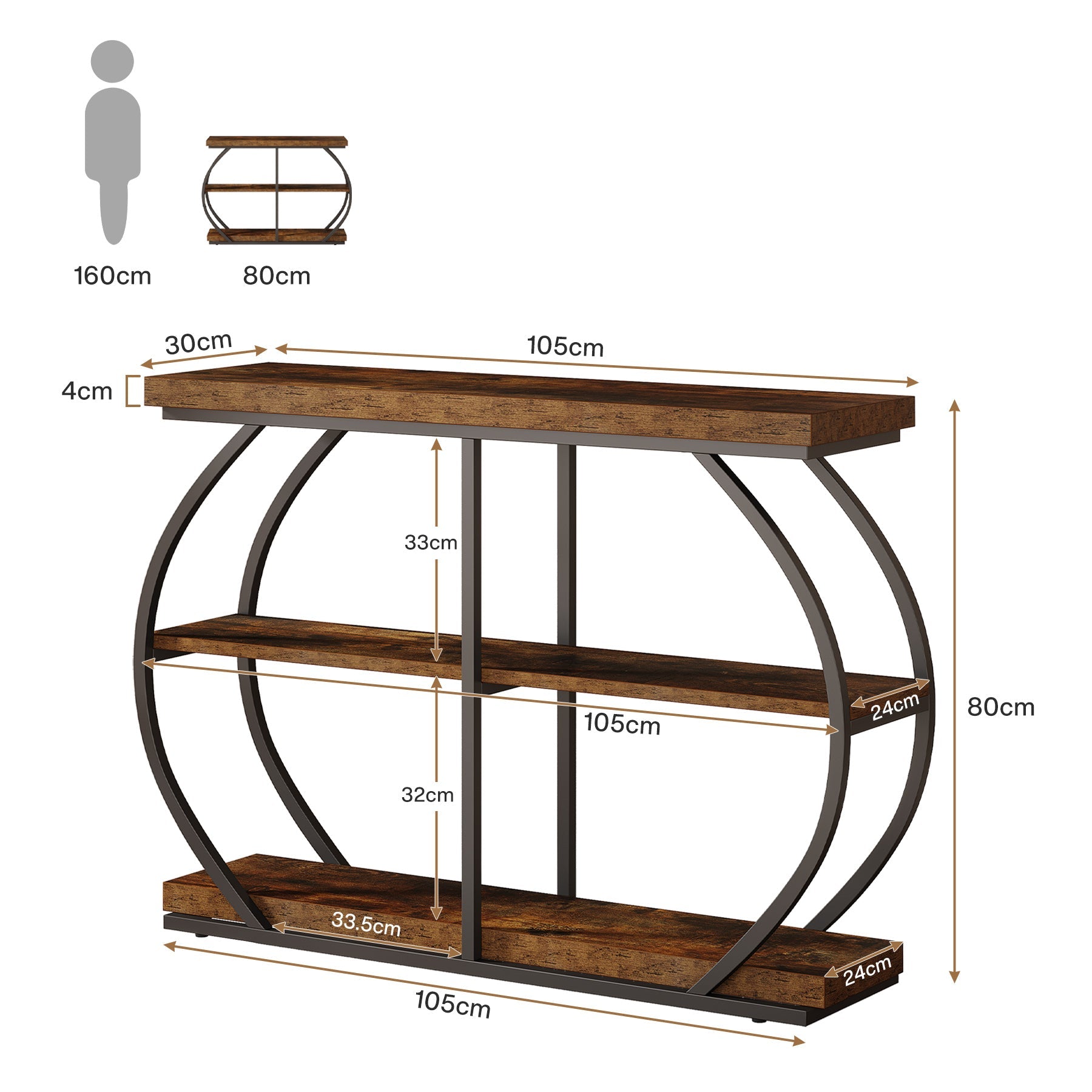 105 cm Industriële Consoletafel met 3 Planken, Gebogen Metalen Frame voor Woonkamer en Hal