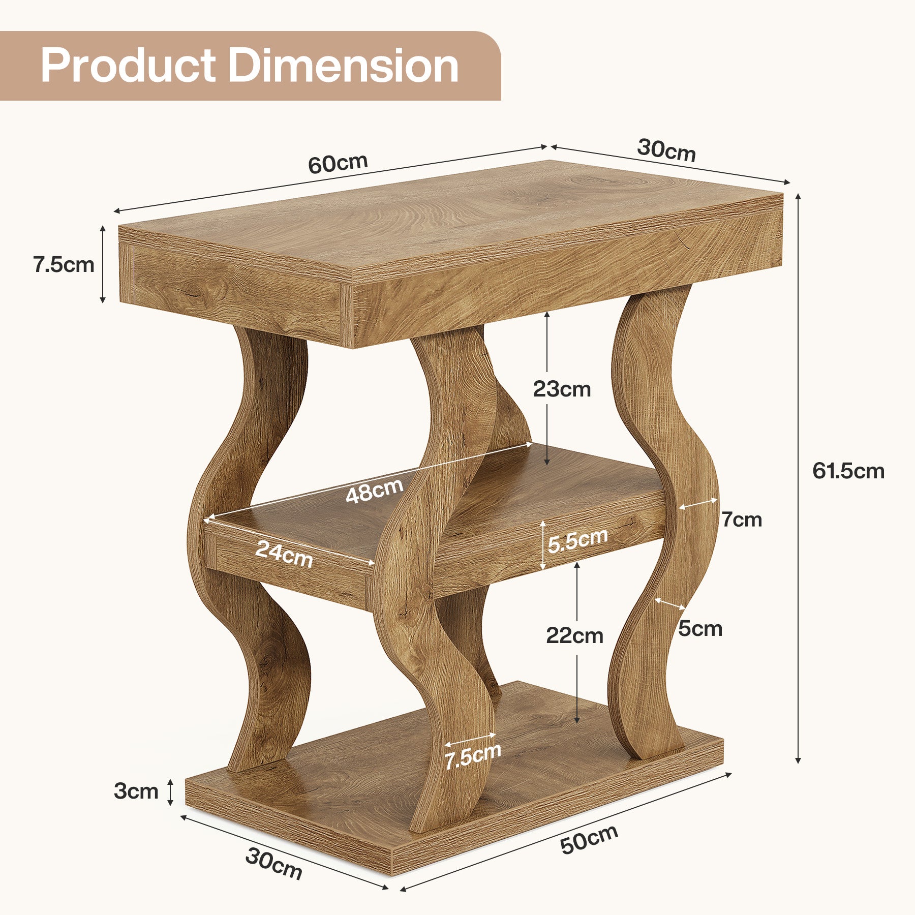 Tribesigns 60 cm smalle 3-laagse bijzettafel, houten bijzettafel met plank voor woonkamer
