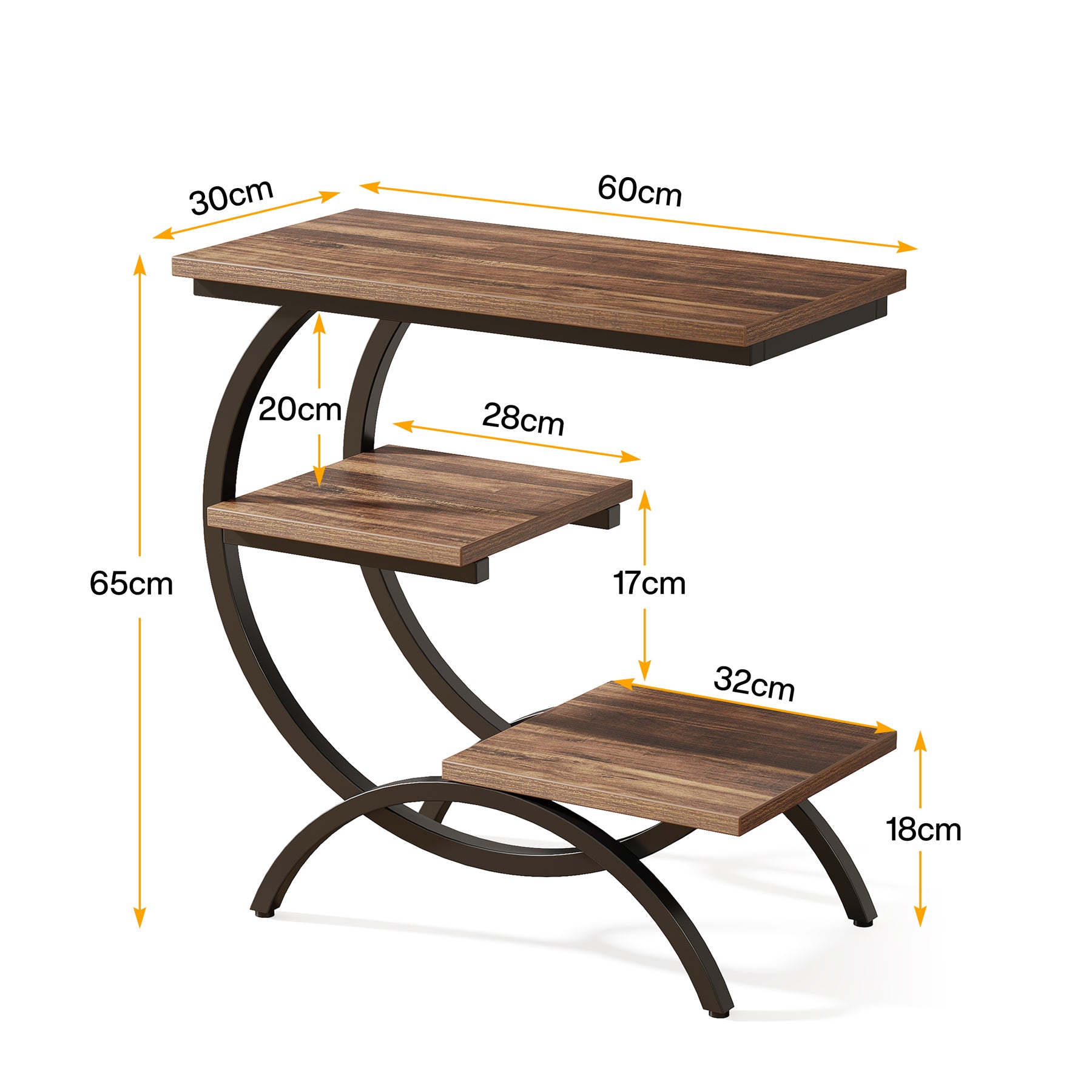 Industrial C-vormige 3-laags tafel, Rustieke bruine bijzettafel met opbergplanken voor kleine ruimtes