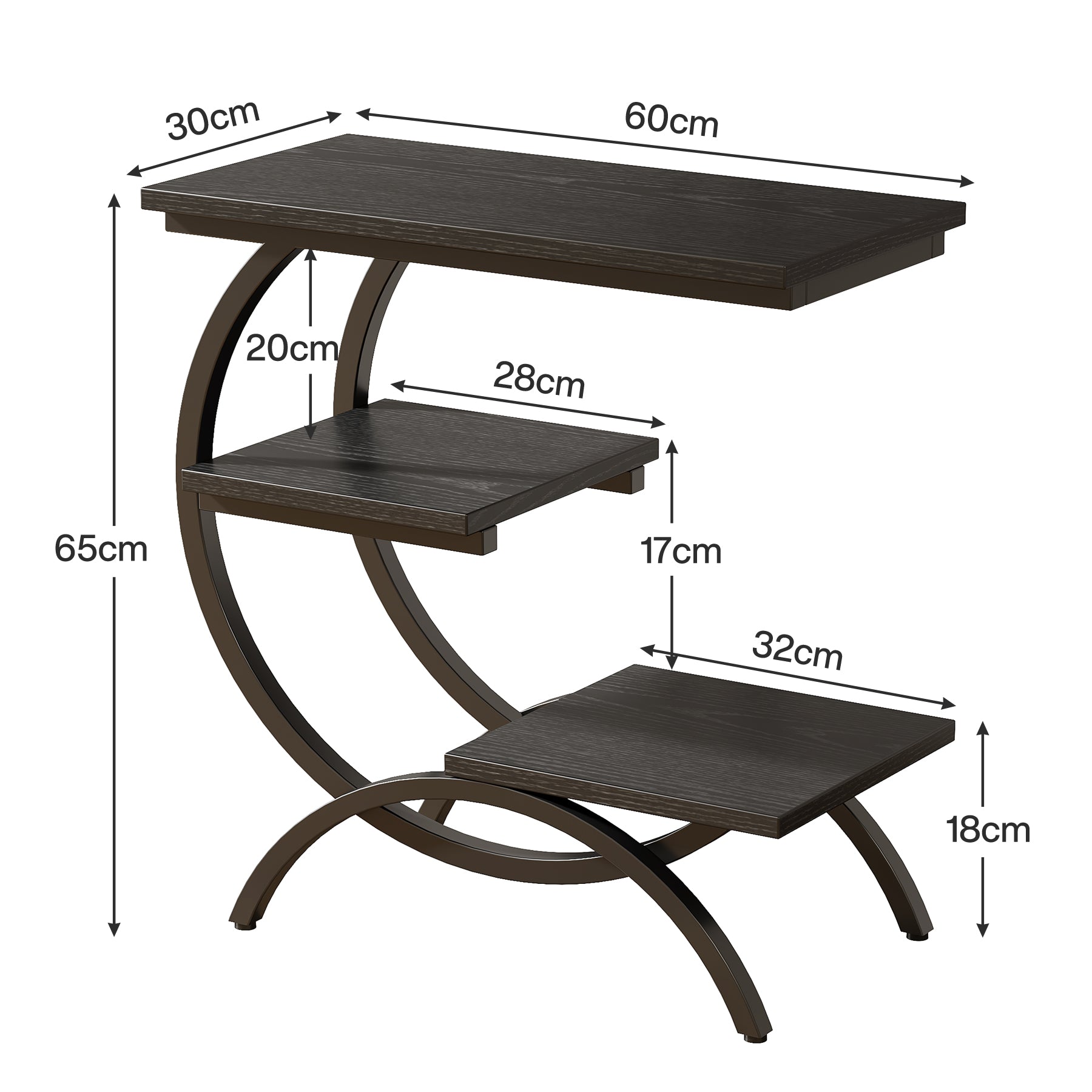 Industrial C-vormige 3-laags tafel, Rustieke bruine bijzettafel met opbergplanken voor kleine ruimtes