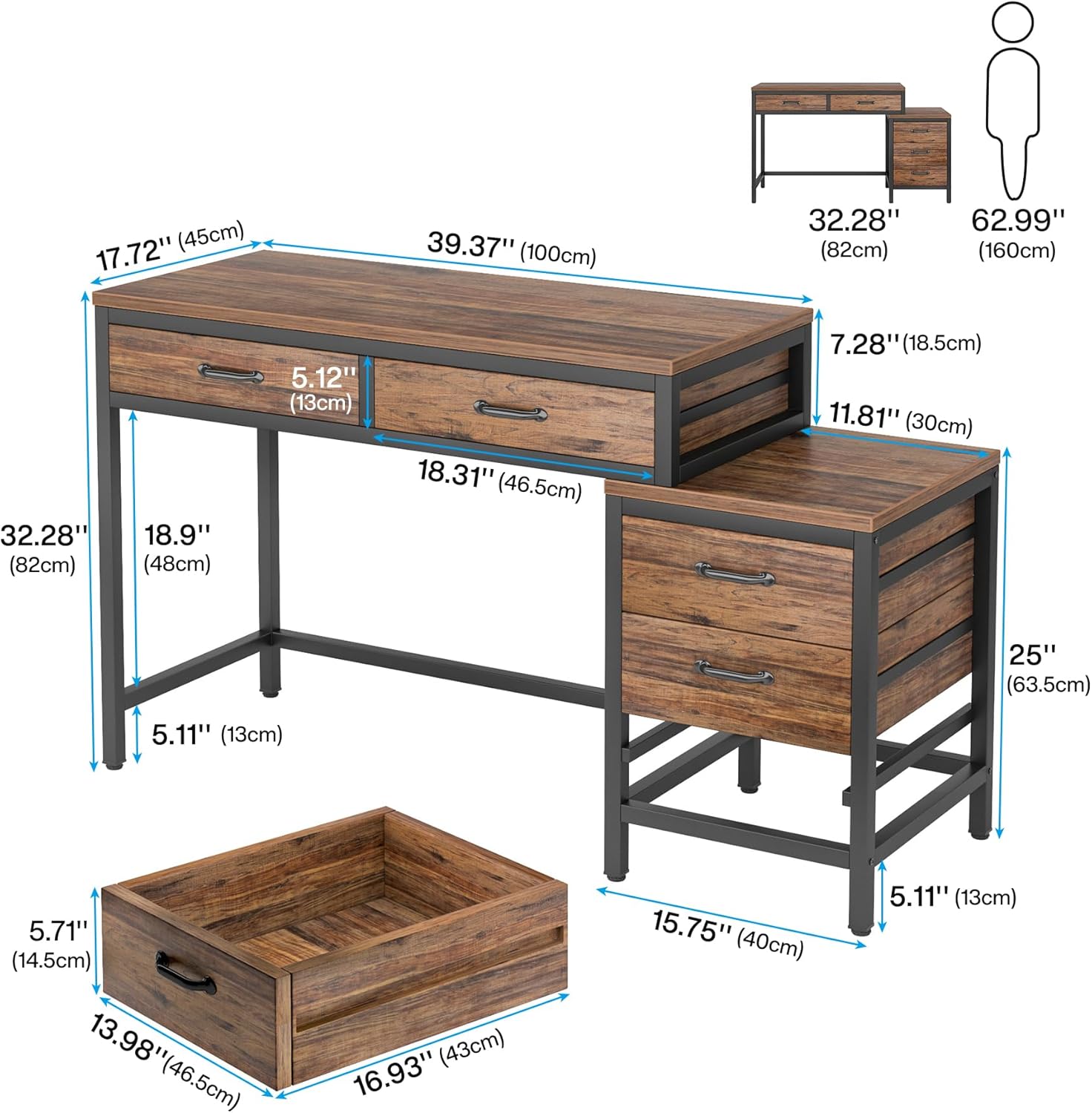 100 cm Schminktafel met 5 Laden, Grijze Opbergmeubel zonder Spiegel voor Vrouwen