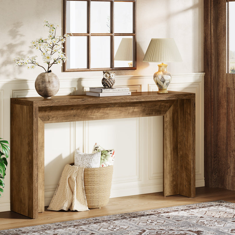 140 cm Farmhouse Console Tafel, Houten Banktafel met Opbergruimte Voor Woonkamer