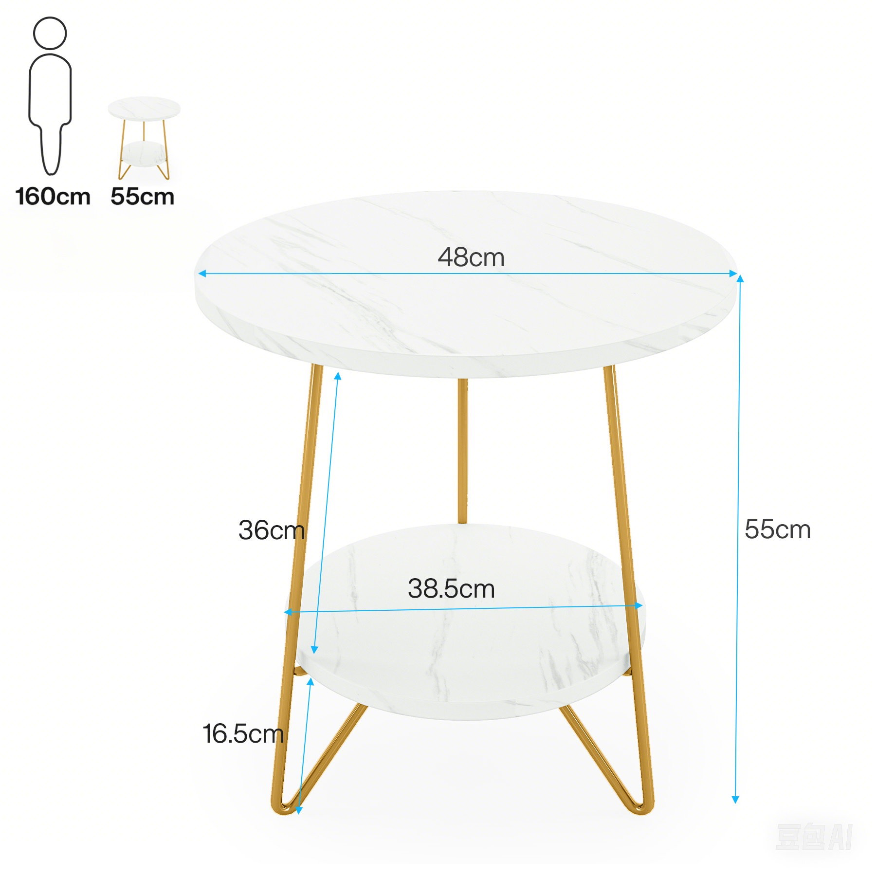 48 cm Ronde Bijzettafel met 2 Planken, Moderne Kunstmarmer Salontafel in Wit en Goud