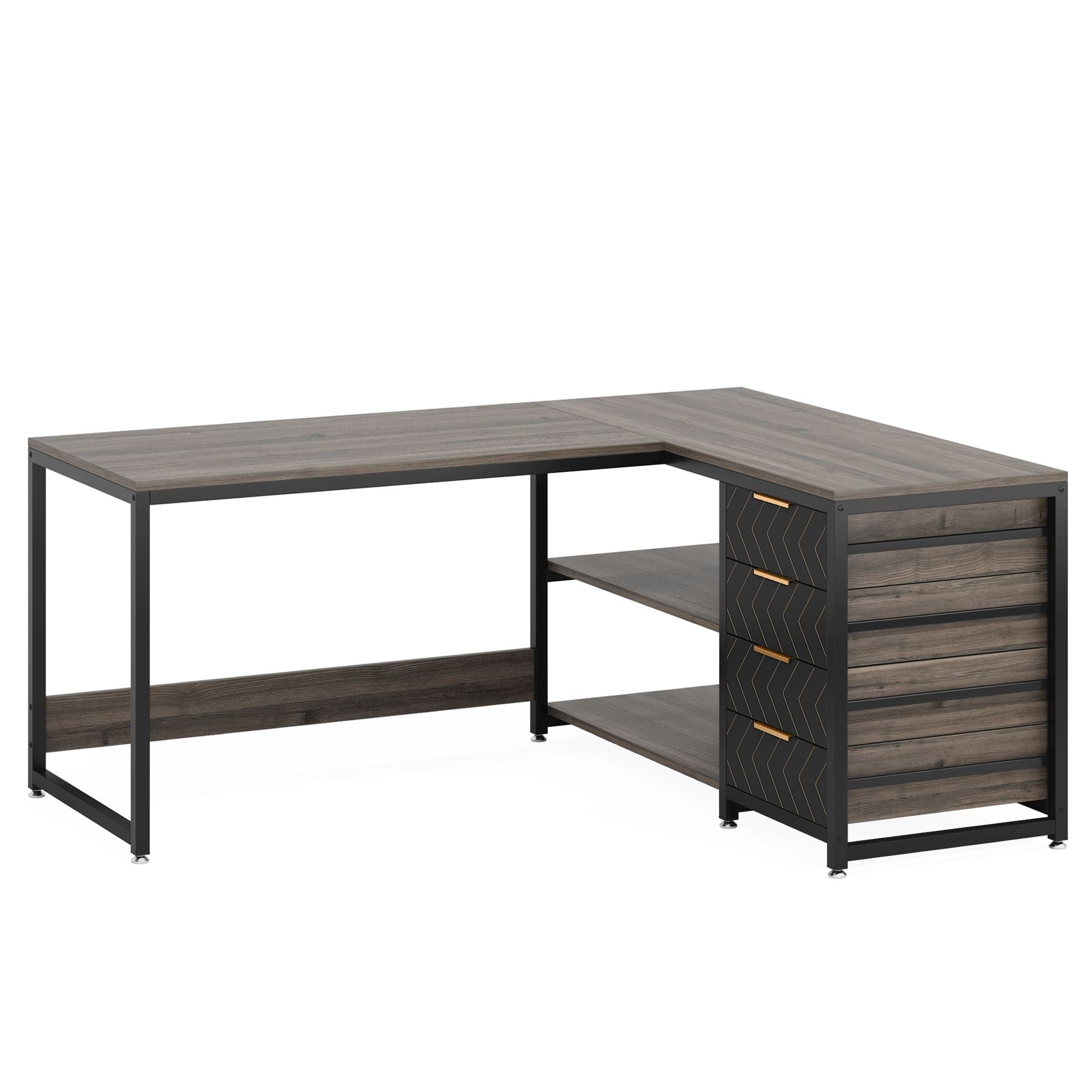 150 cm L-vormig Bureau, Met 4 Laden en 2 Planken voor Kantoor en Werkkamer