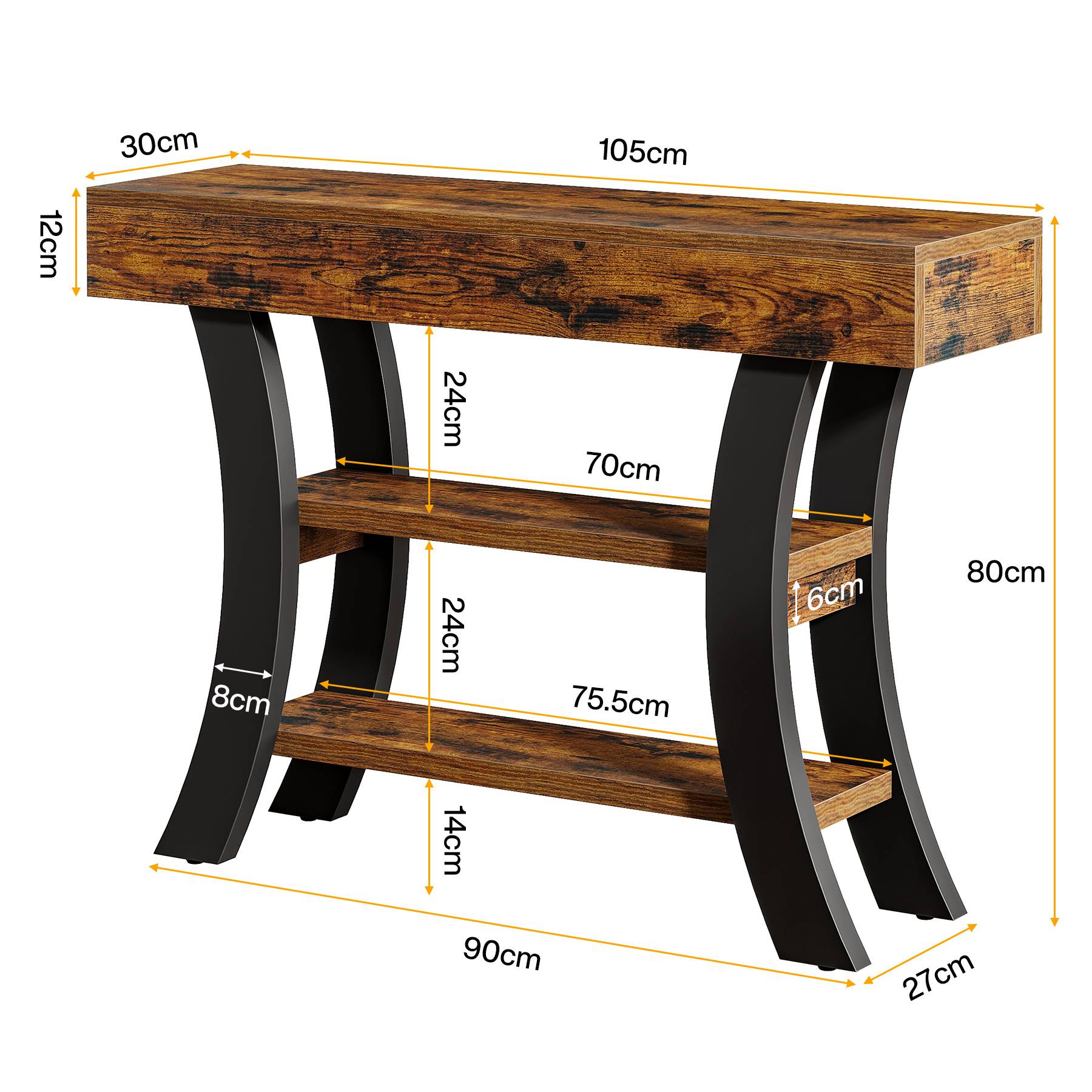 105 cm Landelijke Consoletafel, Drieplanken Salontafel met Gebogen Frame voor Hal