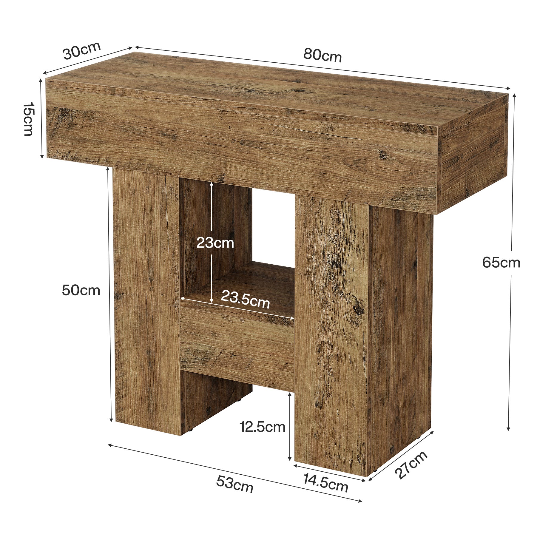 80 cm Landelijke Eindtafel met 2-Laags Opbergplank, Smalle Houten Bijzettafel voor Woonkamer en Slaapkamer
