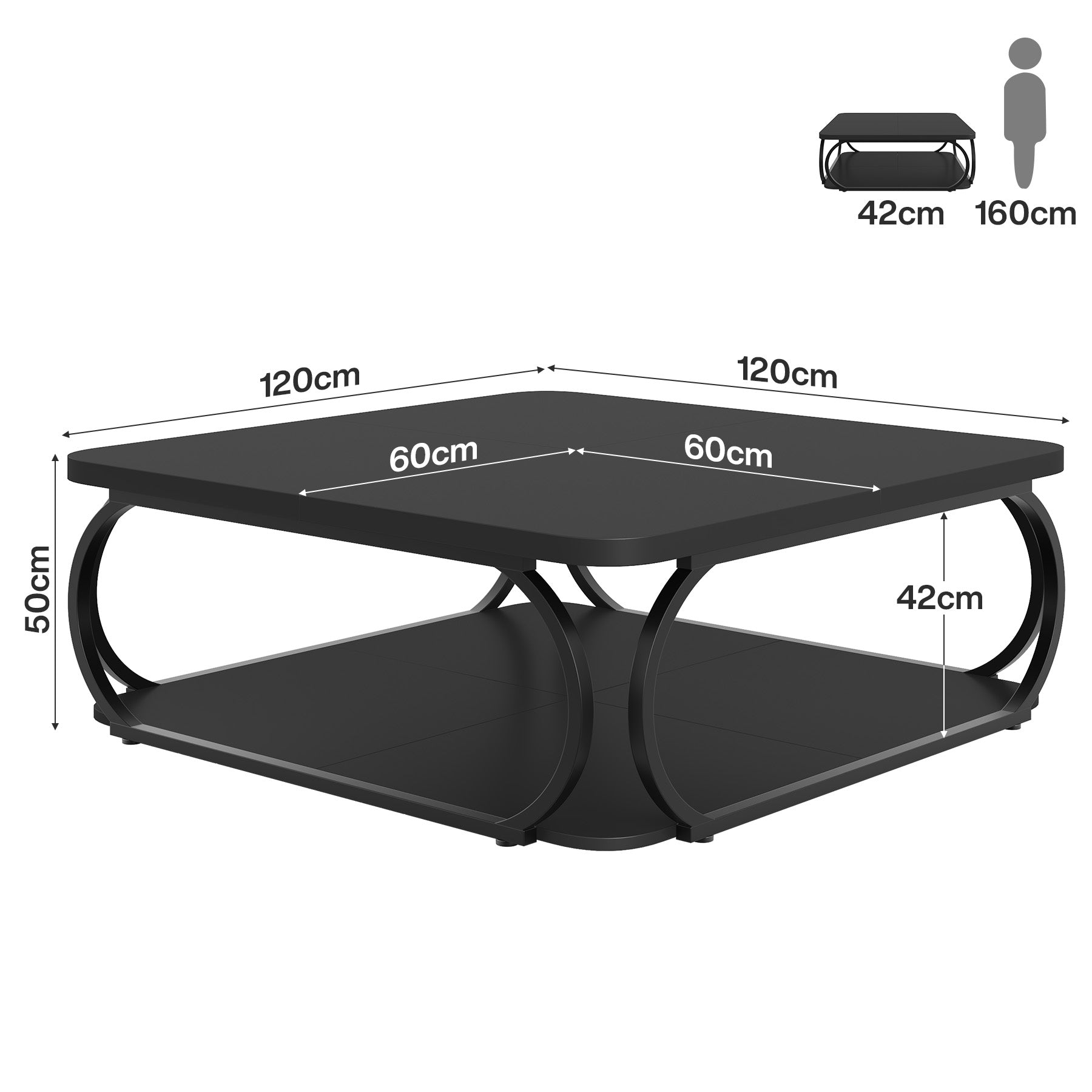 100 cm Vierkante Salontafel met Dubbele Planken, Landelijke Tafel met Metal Frame