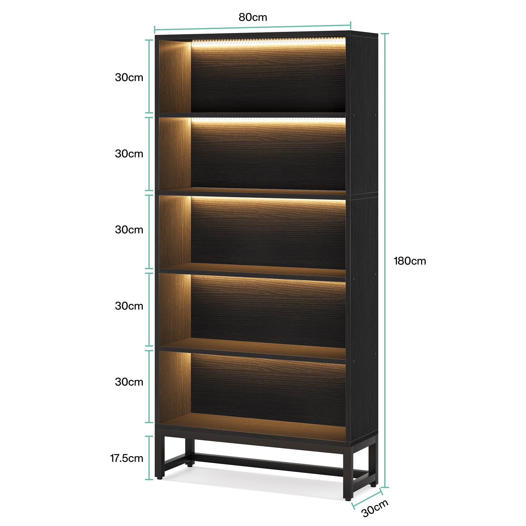 Tribesigns 180 cm hoge boekenkast met LED-verlichting, zwarte 5-laagse opbergkast