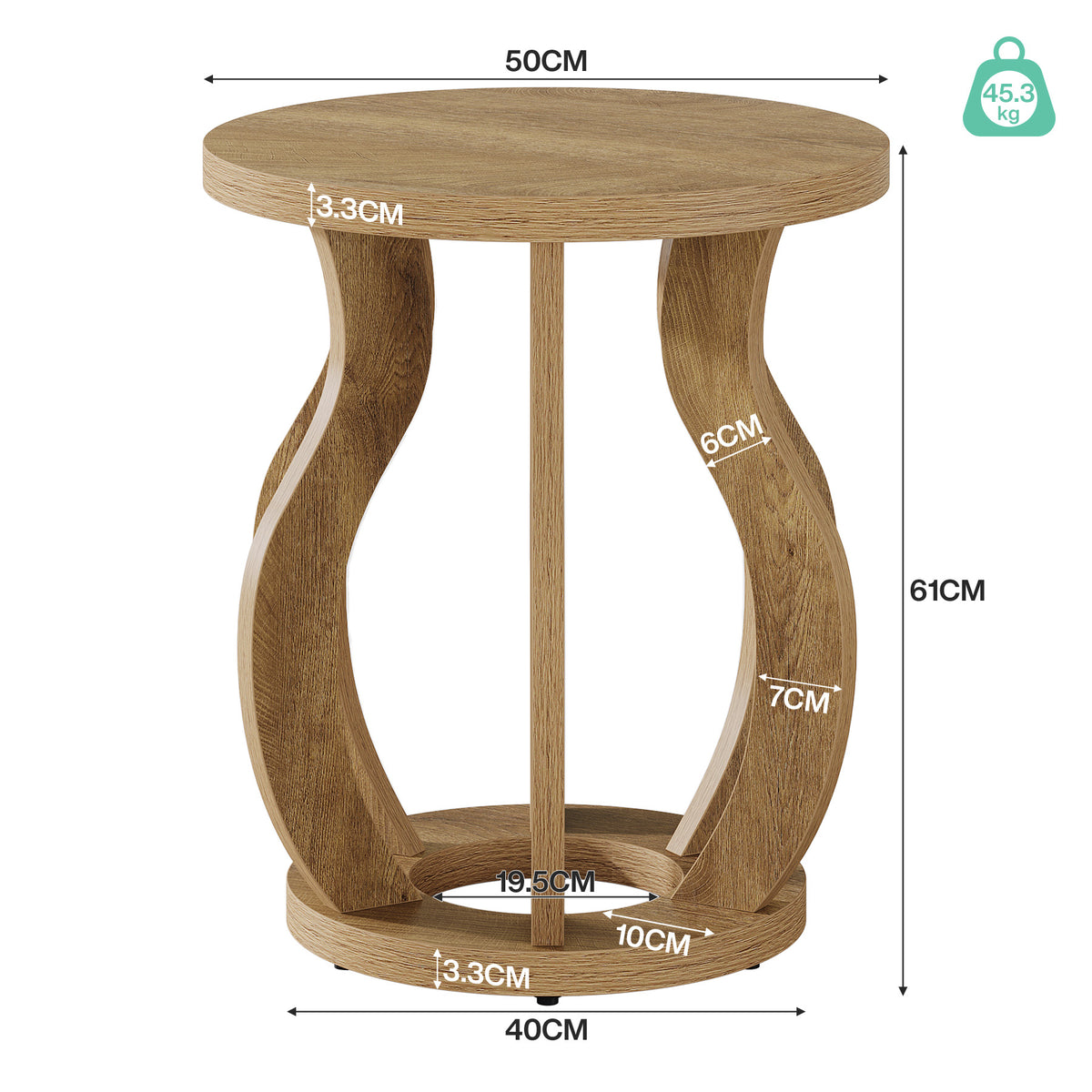 61 cm Ronde Houten Bijzettafel, Farmhouse Nachtkastje met Gebogen Frame