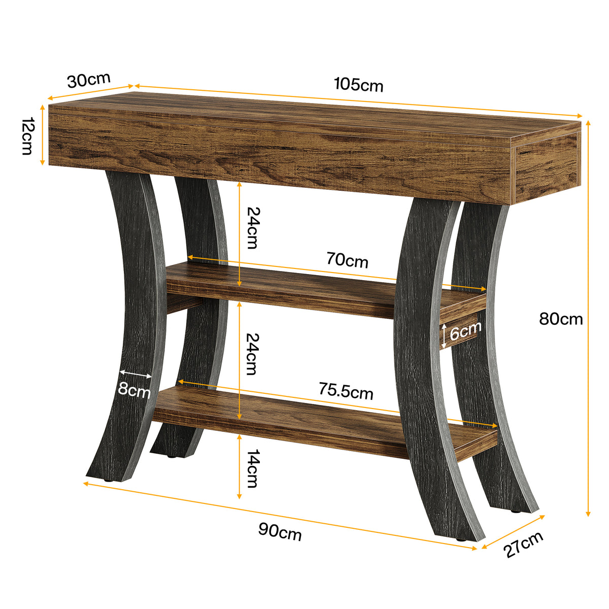 105 cm Tribesigns smalle consoletafel met 3 niveaus, gebogen haltafel met opbergruimte voor entree
