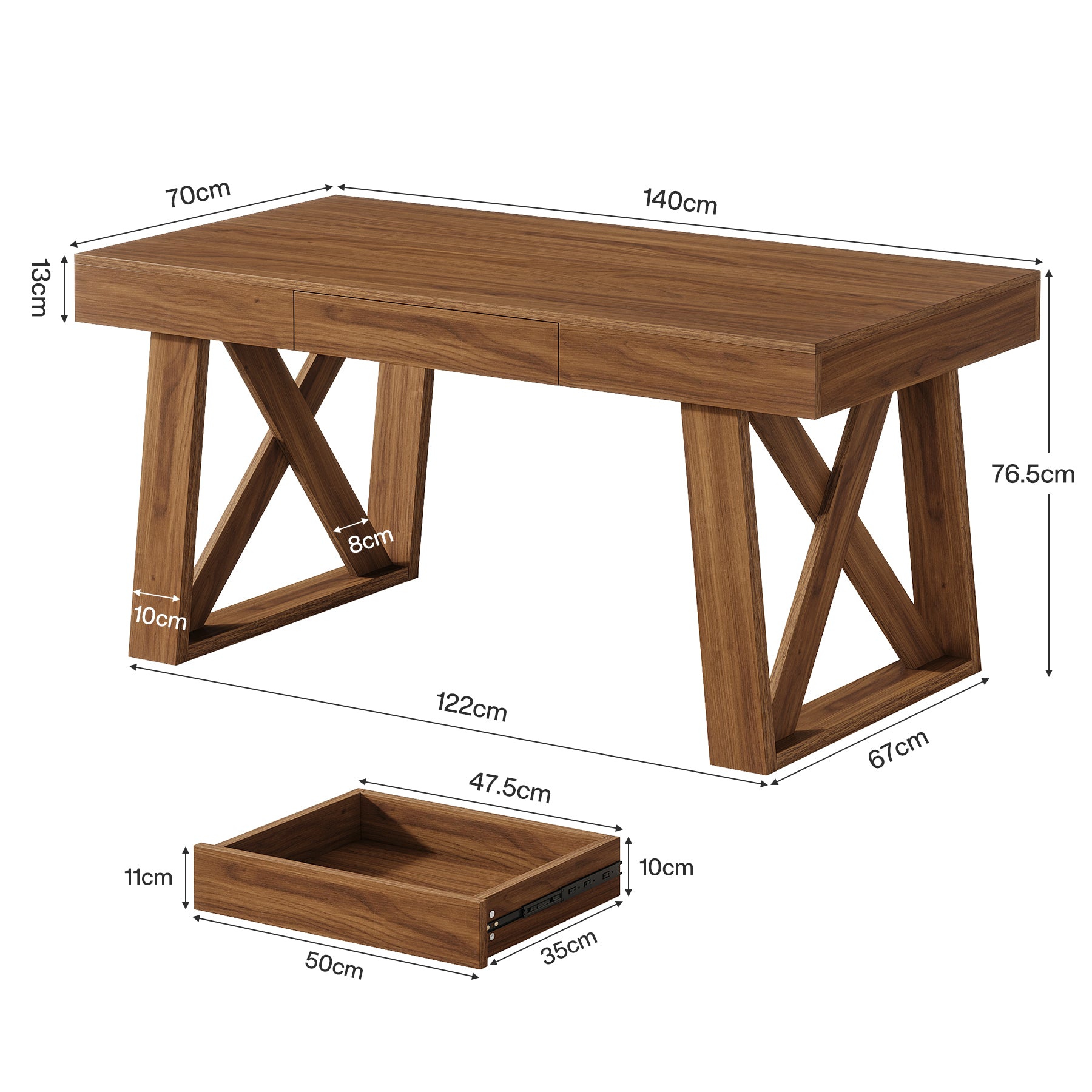 140 cm Bredere Bureau, Retro Houten Bureau met Laden voor Thuiswerk en Kantoor