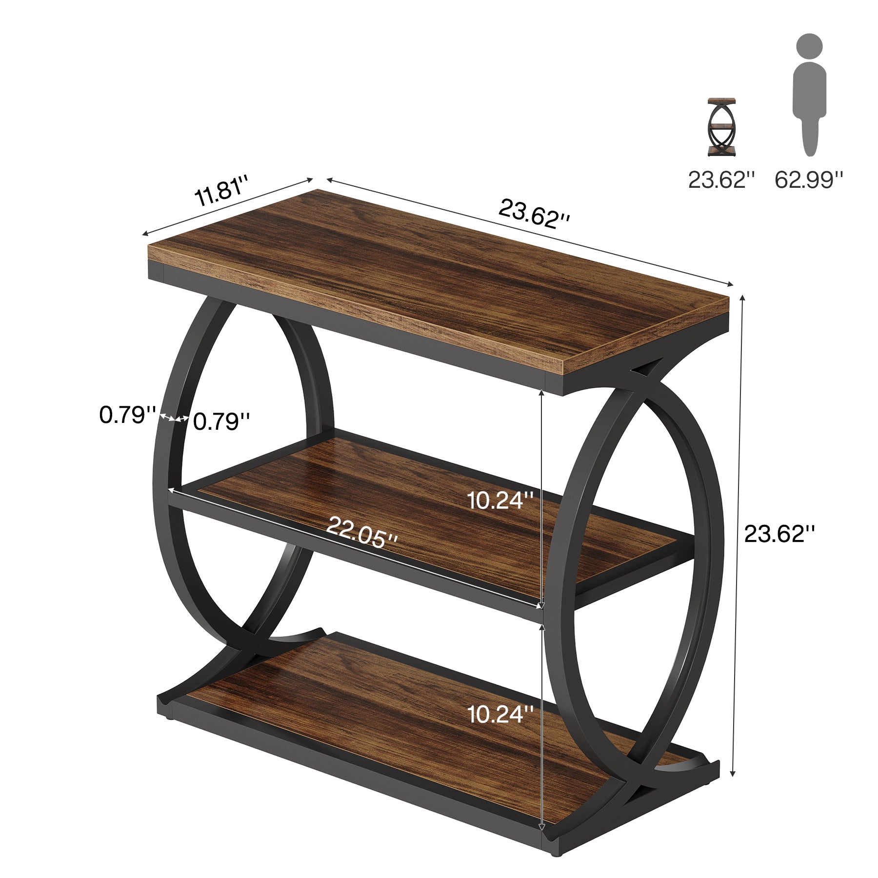 60 cm Smalle Bijzettafel met 3 Niveaus, Industriële Houten Nachtkastje voor Kleine Ruimtes