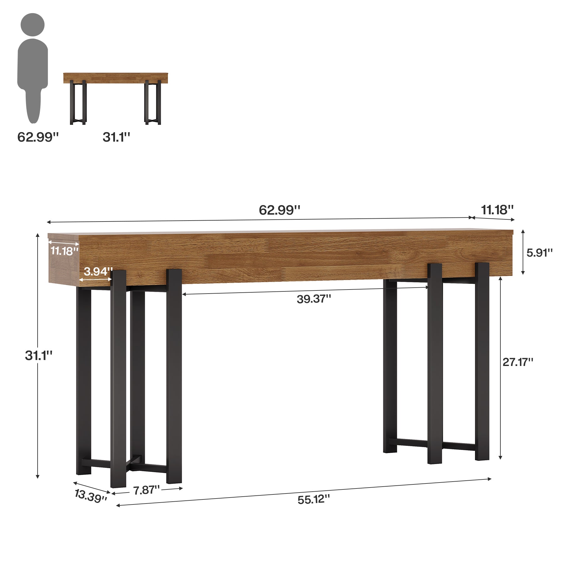 160 cm Consoletafel, Houten Banktafel voor Hal en Entree