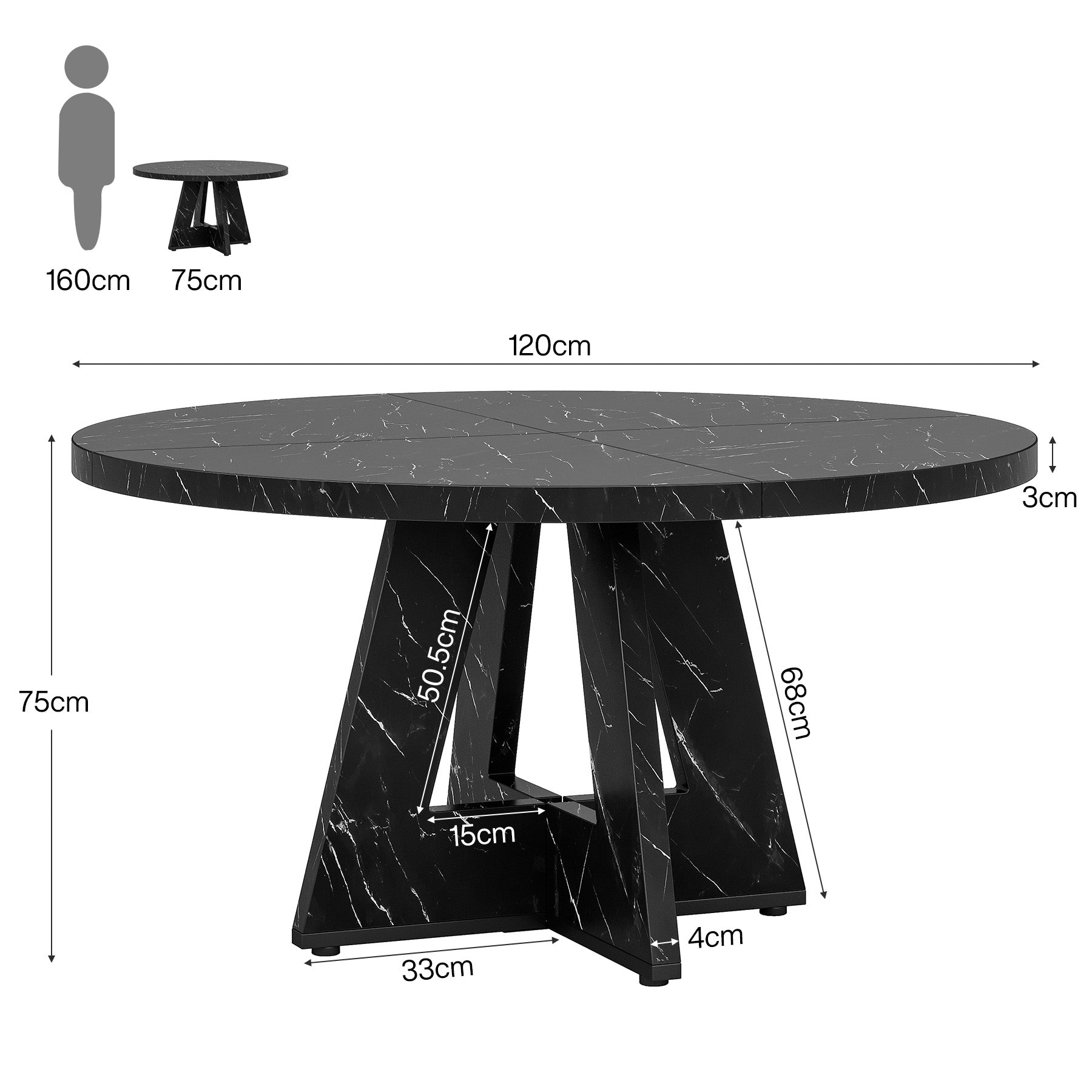 120 cm Ronde Boeren Eettafel, Bruin Houten Tafelblad voor 4 Personen in Keuken of Woonkamer