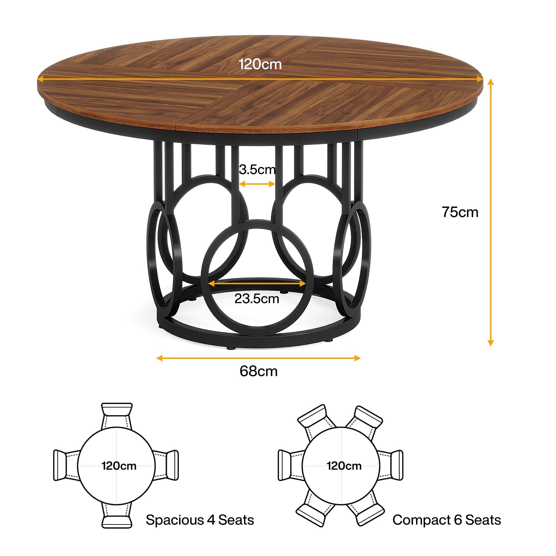 Tribesigns Ronde Eettafel voor 4 Personen, 120 cm Metalen Voet met Landelijke Uitstraling in Bruin