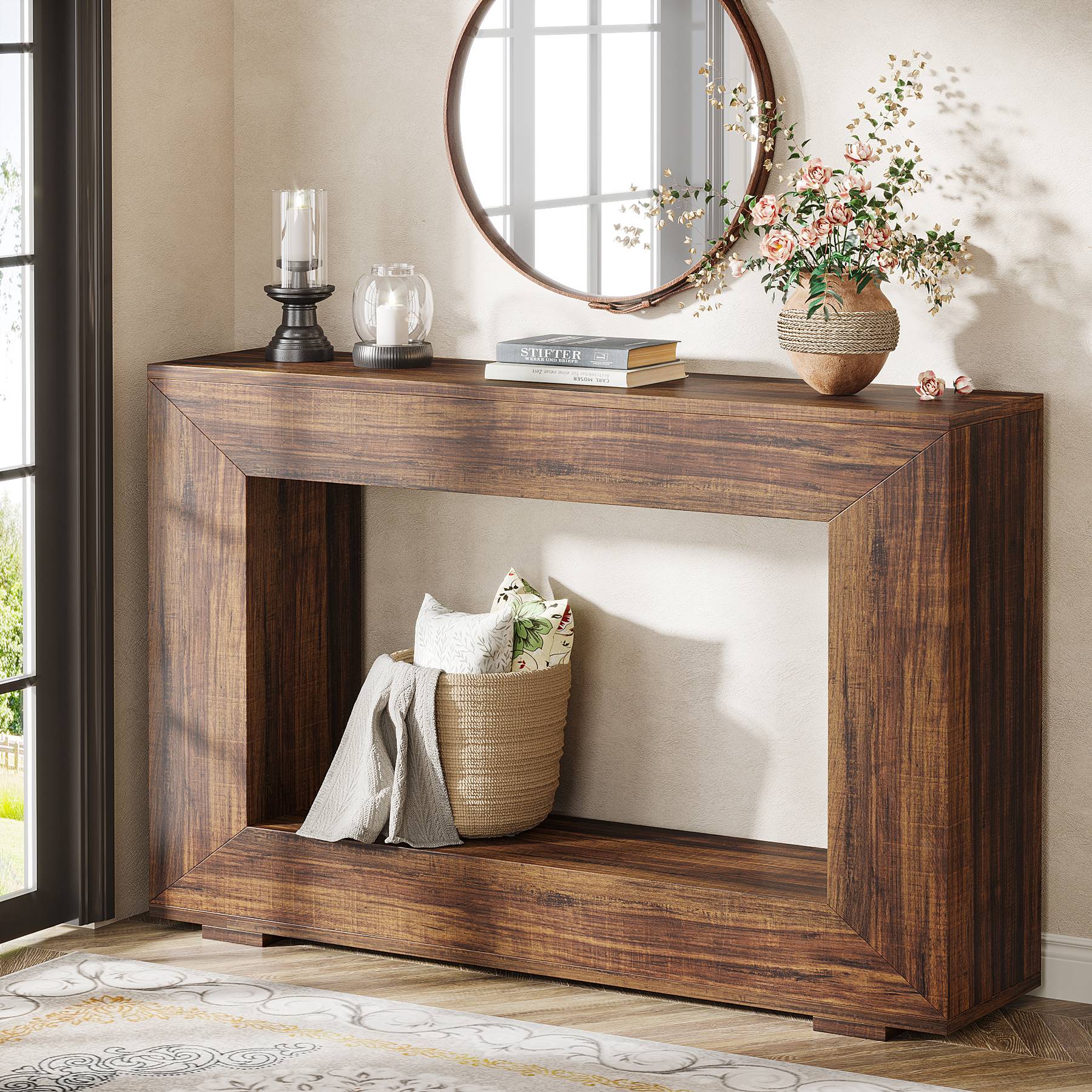120 cm Boers Entreetafel met Opbergvak, Industrieel Accentmeubel voor Hal en Woonkamer