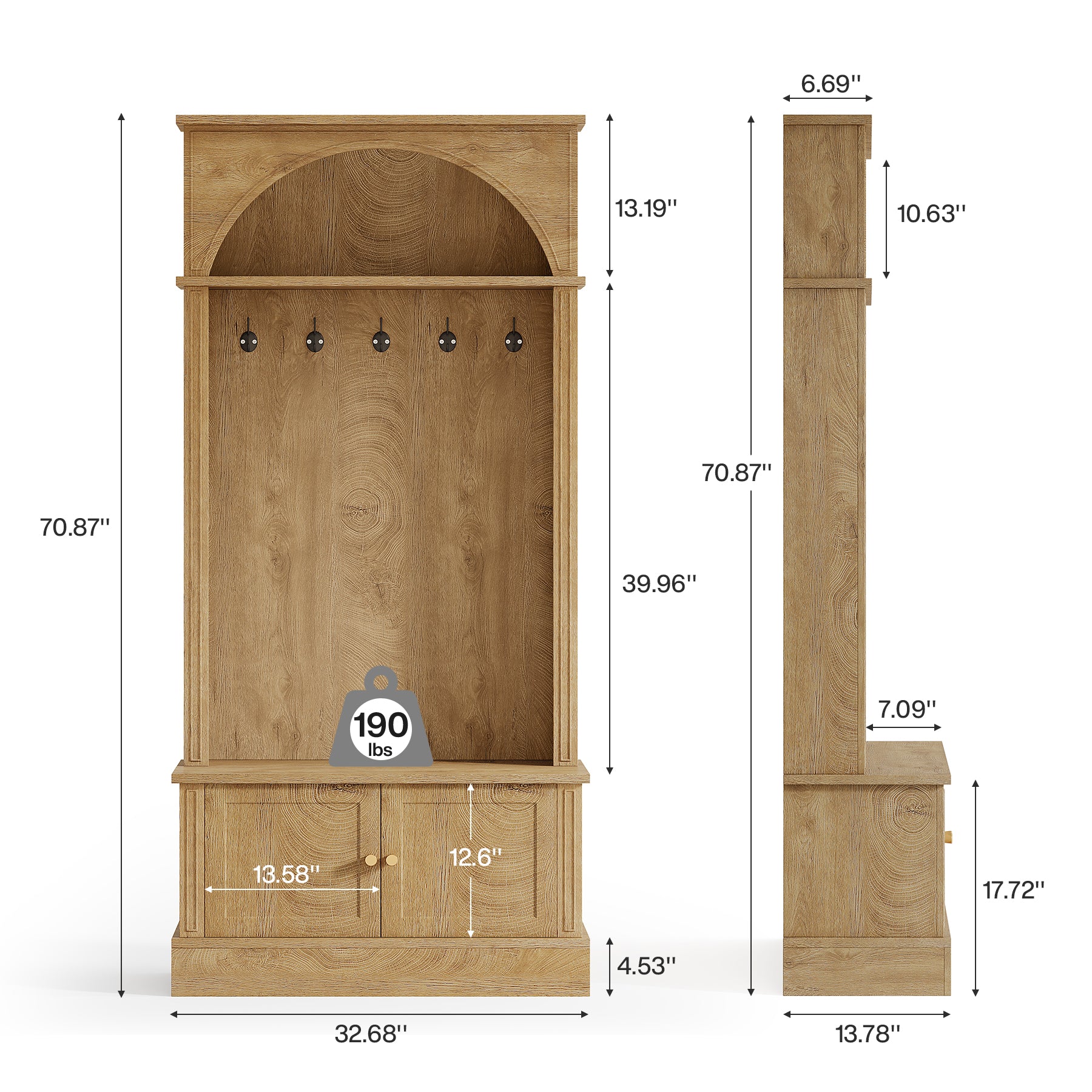 179,7 cm Kapstok met Schoenenbank en Opbergruimte, Halmeubel met Haken en Verstelbare Plank voor Entree