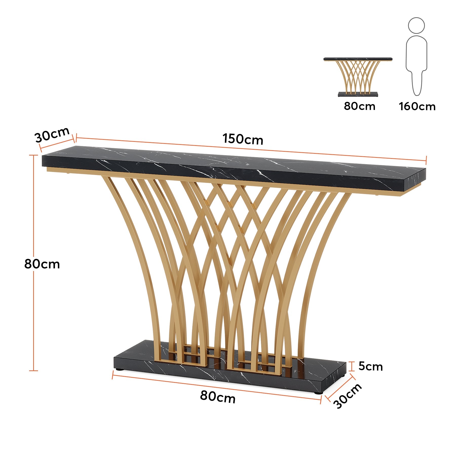 150 cm Gouden Consoletafel, Moderne Entreetafel met Raster Basis voor Hal en Woonkamer