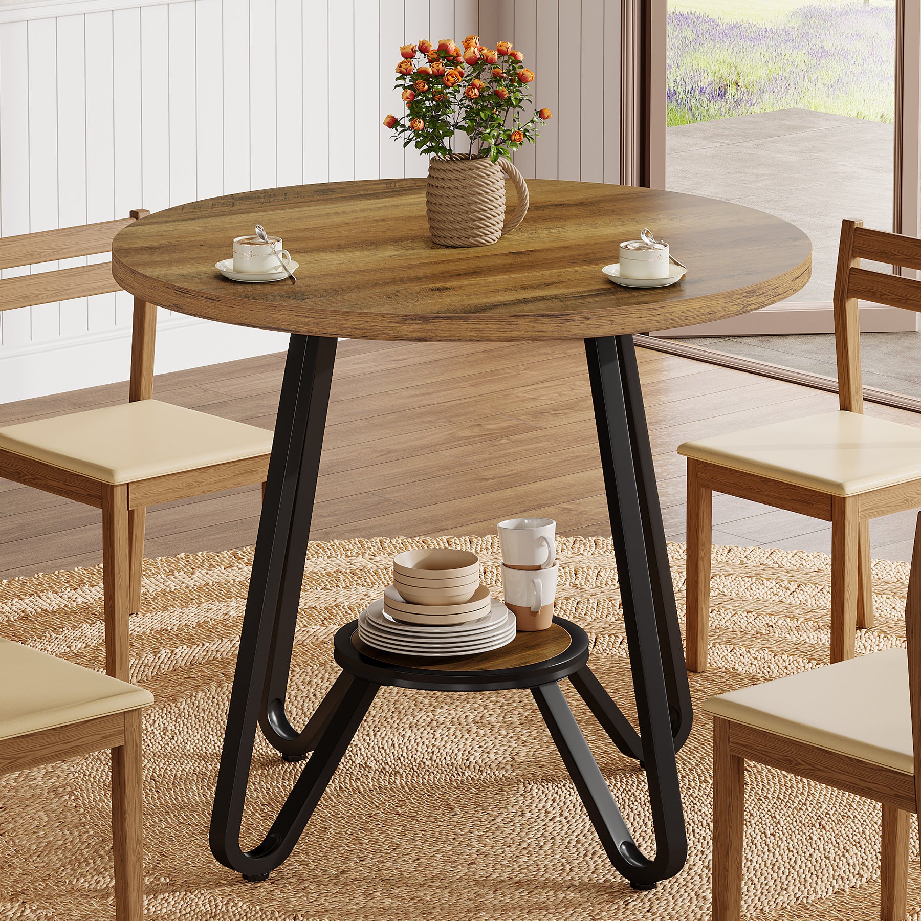 80 cm Ronde Eettafel met Dubbele Legplanken, Industriële Keukentafel voor 2 Personen