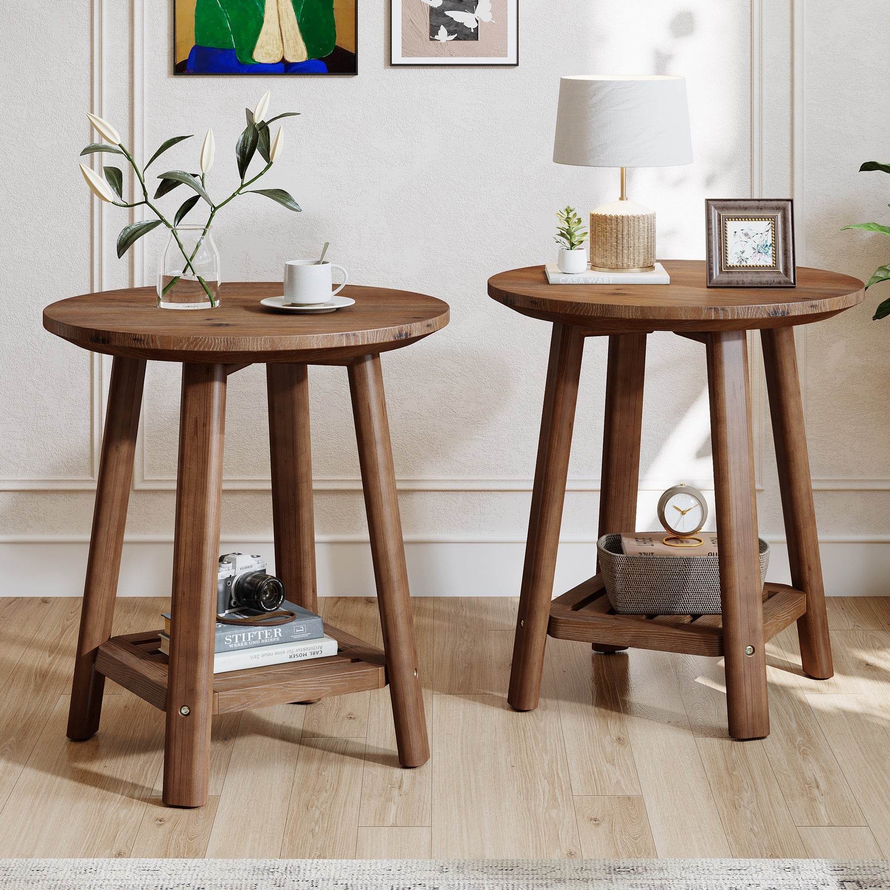 60 cm ronde massief houten bijzettafel, 2-laags landelijke opbergplank in walnootkleur
