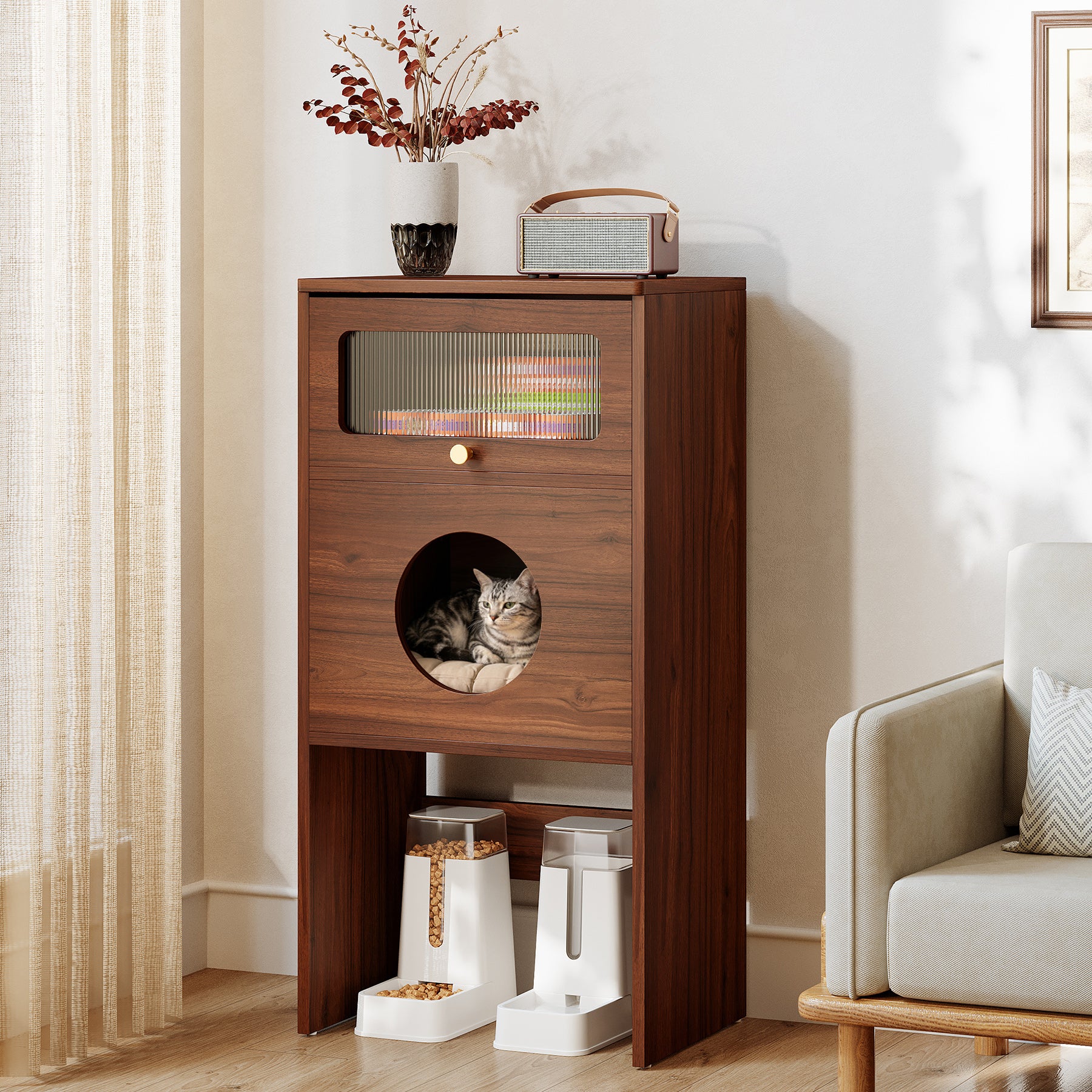 Kattenmeubel met Acryl Deur, Modern Bijzetkastje voor Huiskamer