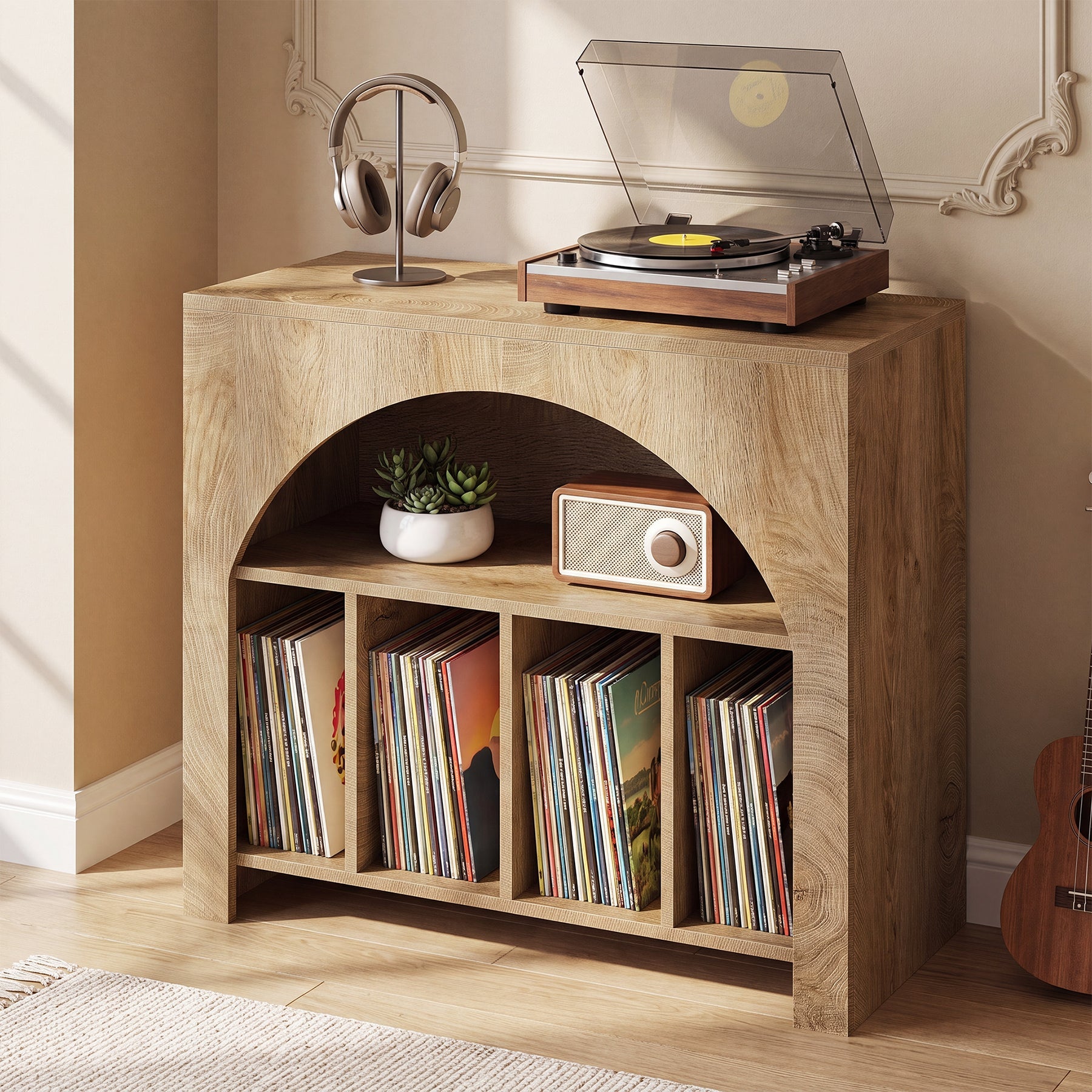 Tribesigns platenspelermeubel met opbergruimte, vinylkast met 2 niveaus in retrostijl