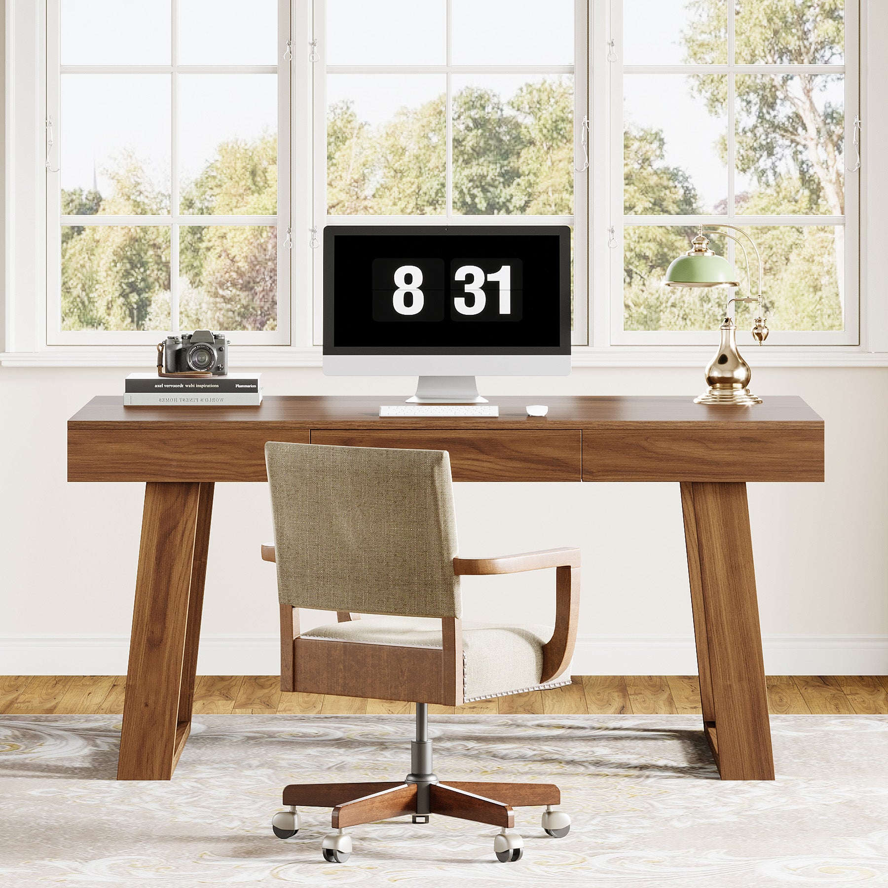 140 cm Bredere Bureau, Retro Houten Bureau met Laden voor Thuiswerk en Kantoor