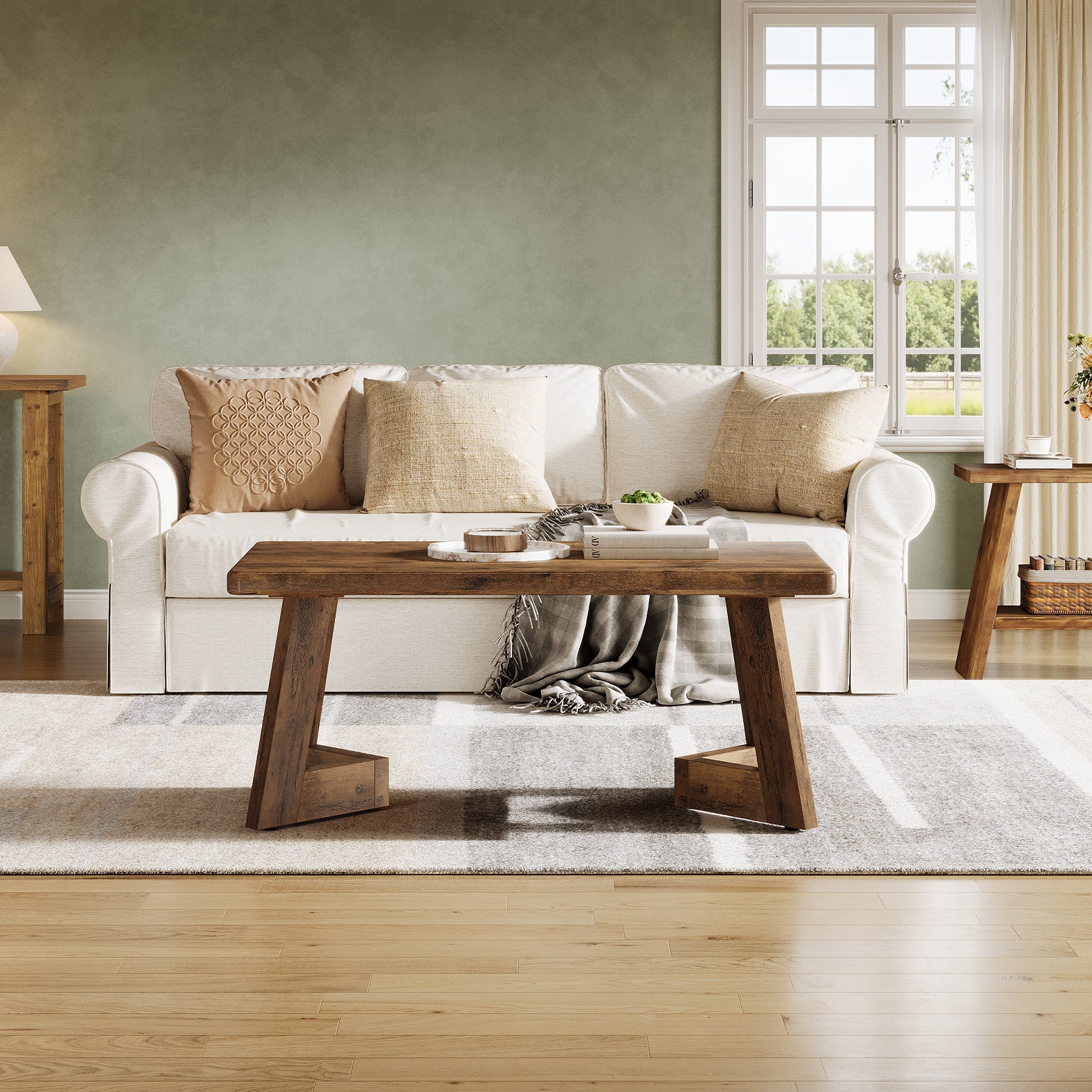 120 x 60 cm Rechthoekige Landelijke Salontafel, Center Tafel met V-vormige Poten voor Woonkamer
