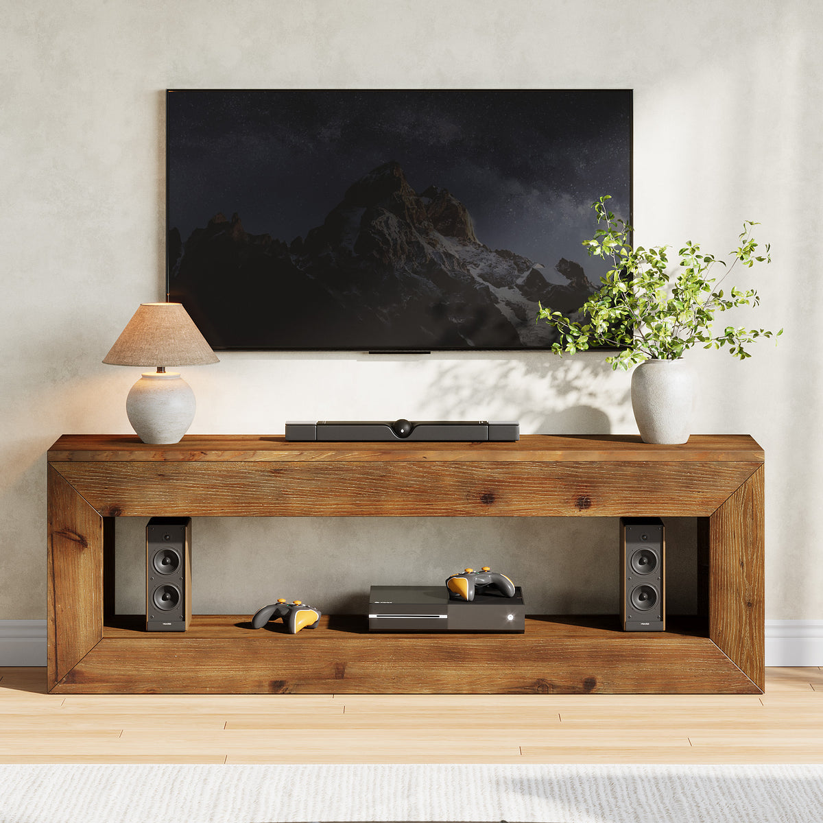 120 cm Tribesigns massief houten tv-meubel met opbergruimte, landelijke lage mediakast voor woonkamer en slaapkamer