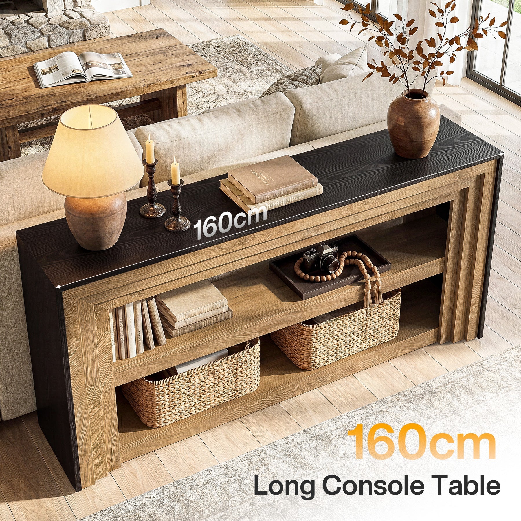 Tribesigns consoletafel van 160 cm in landelijke stijl, smalle haltafel met 3 niveaus en open planken