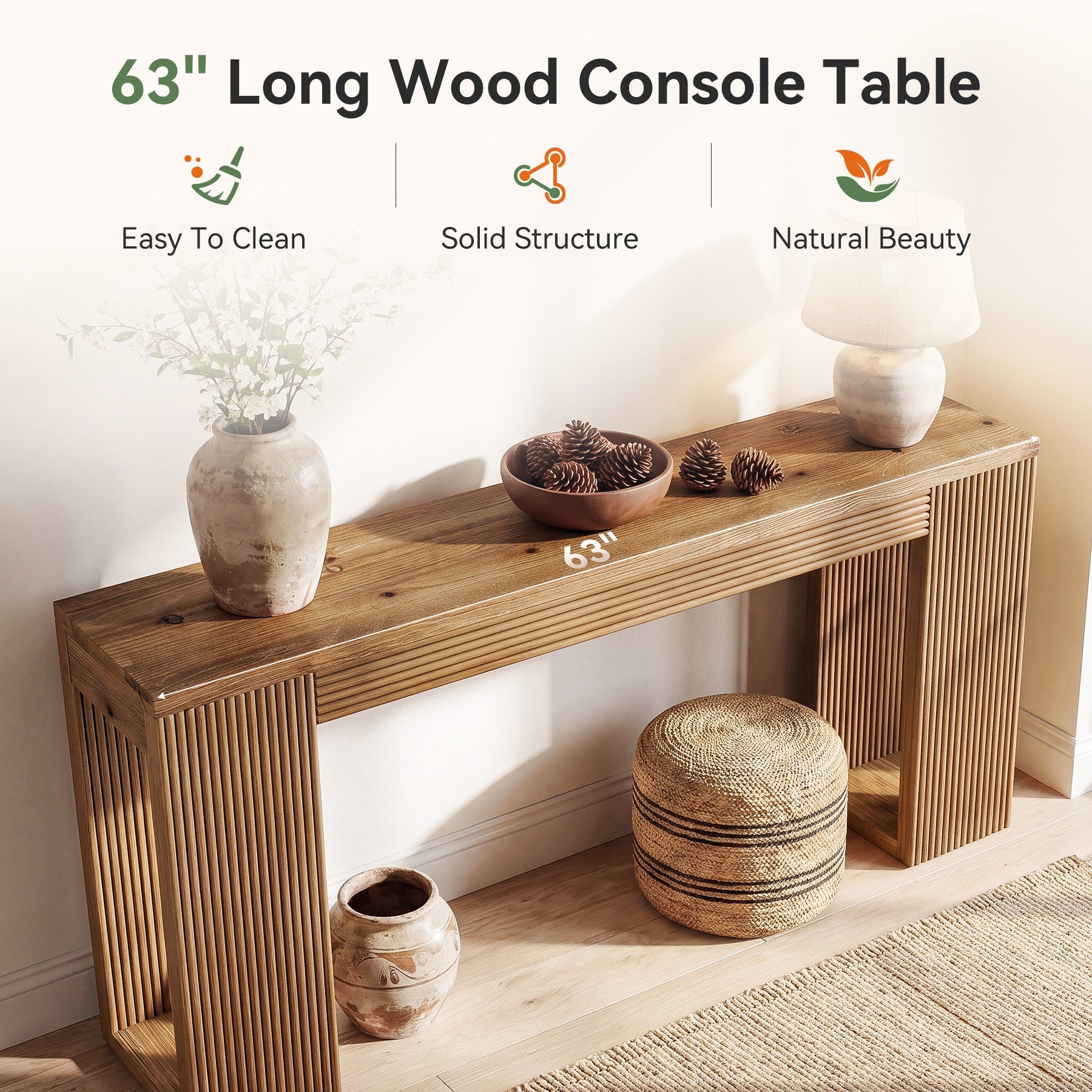 Tribesigns 160 cm Massief Houten Consoletafel, Smalle Haltafel met Geribbelde Poten