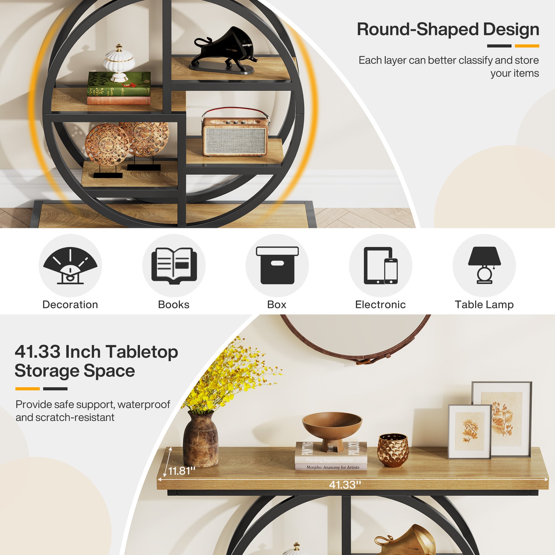 105 cm Industriële Console, 6 Etages met Rond Onderstel en Opbergplanken