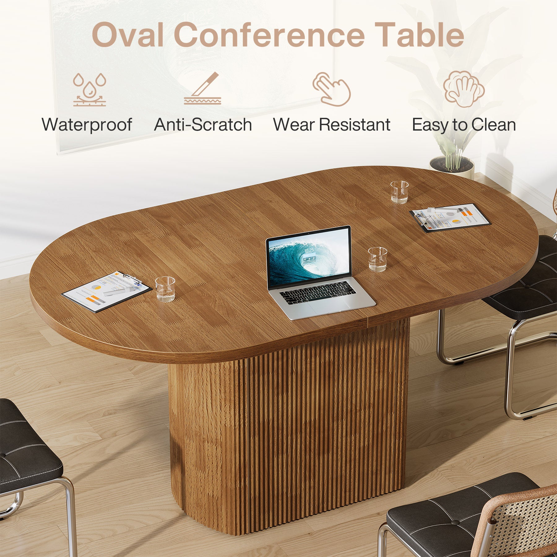 120 cm Ovale Vergadertafel voor 4 Personen, Rustieke Houten Conferentietafel met Polygonale Poot