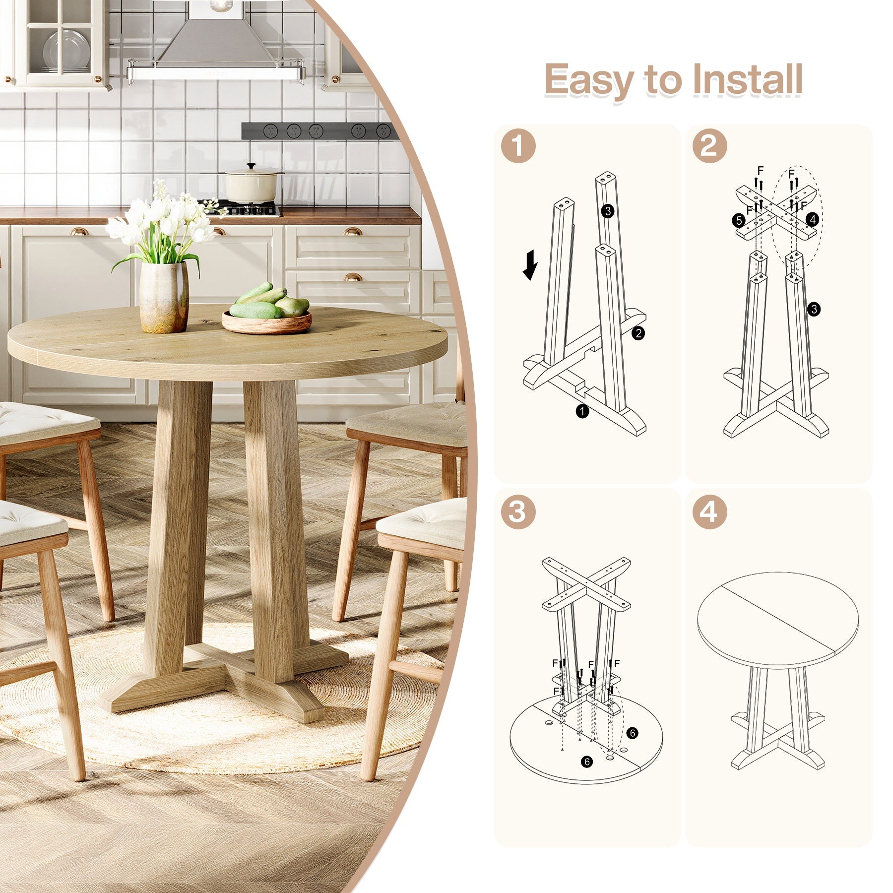 Tribesigns 80 cm Kleine Ronde Eettafel voor 2-4 Personen, Modern Boerenstijl Tafel