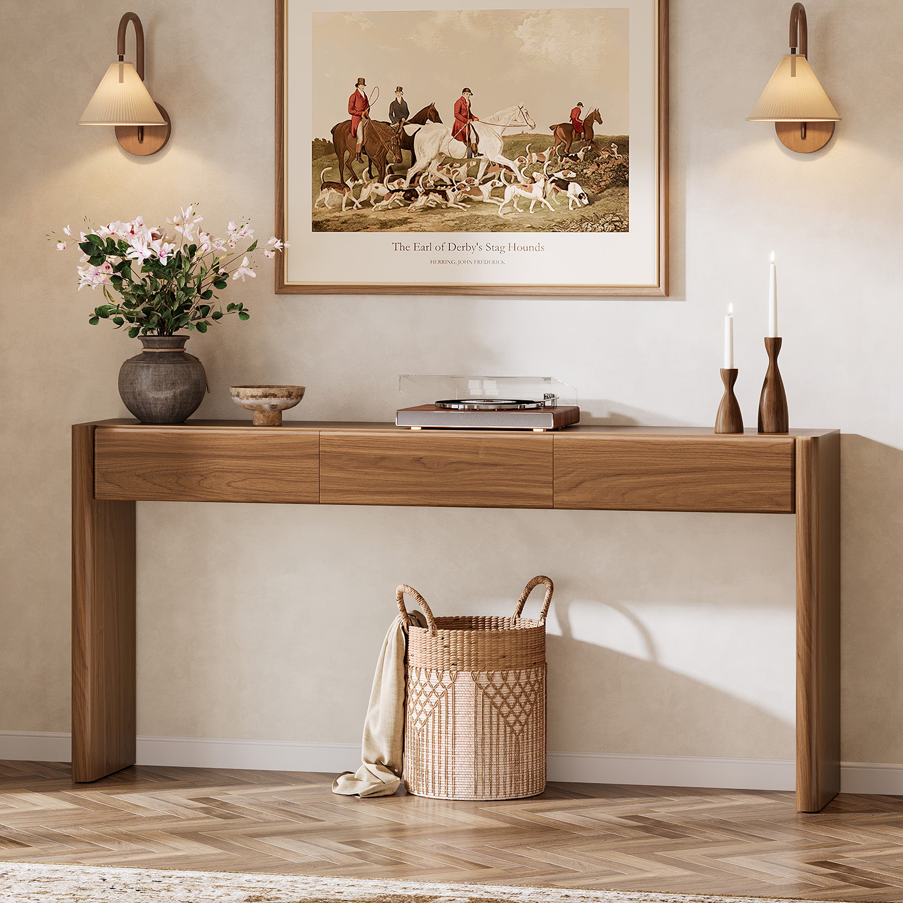 180 cm Landelijke Consoletafel met 3 Laden, Houten Haltafel met Opbergruimte