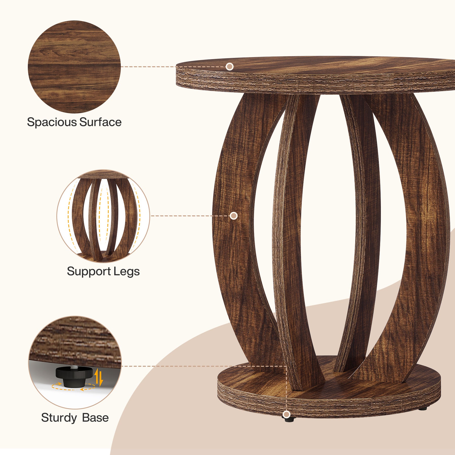 60 cm Compacte ronde bijzettafel met opbergruimte, landelijk tafeltje voor kleine ruimtes