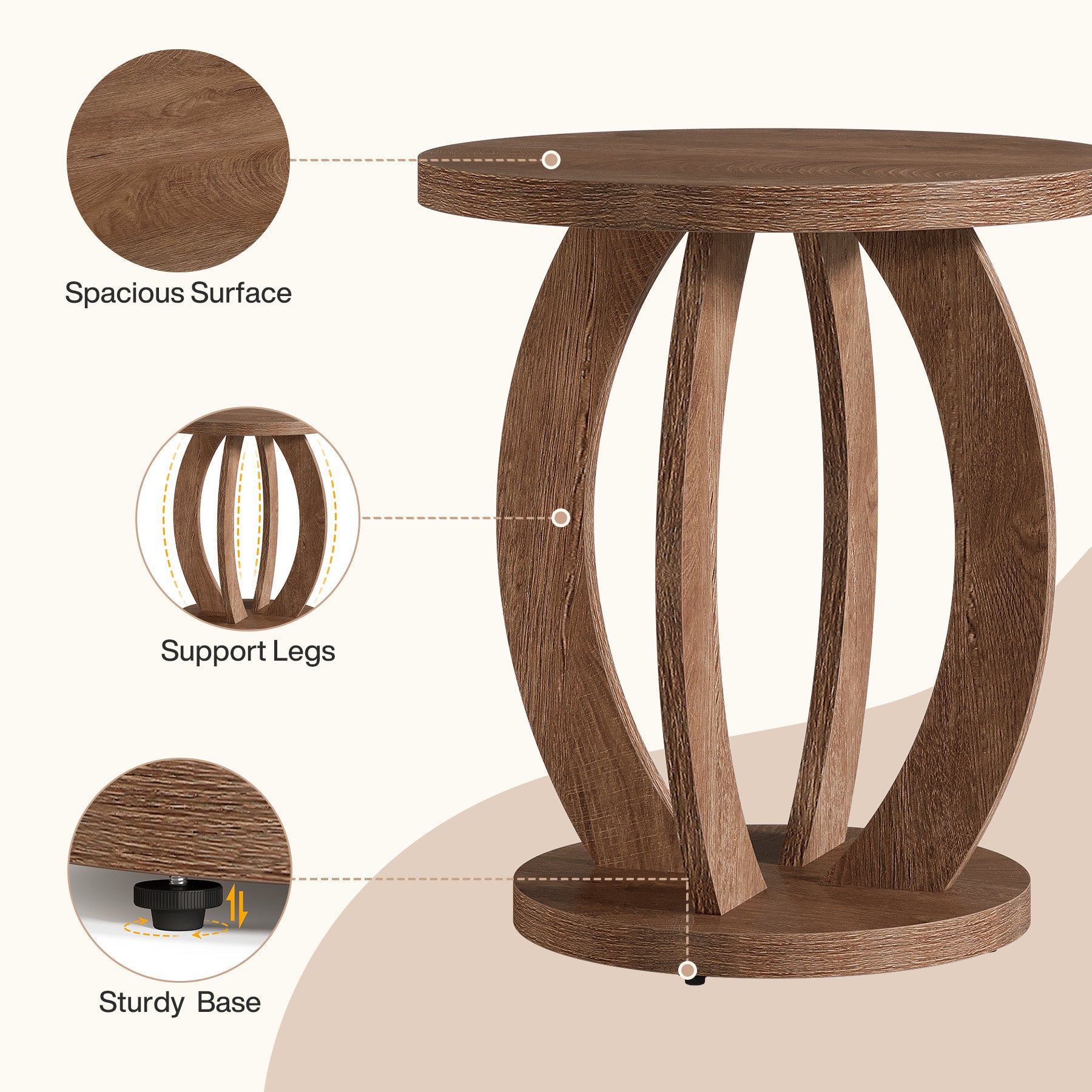 60 cm Compacte ronde bijzettafel met opbergruimte, landelijk tafeltje voor kleine ruimtes
