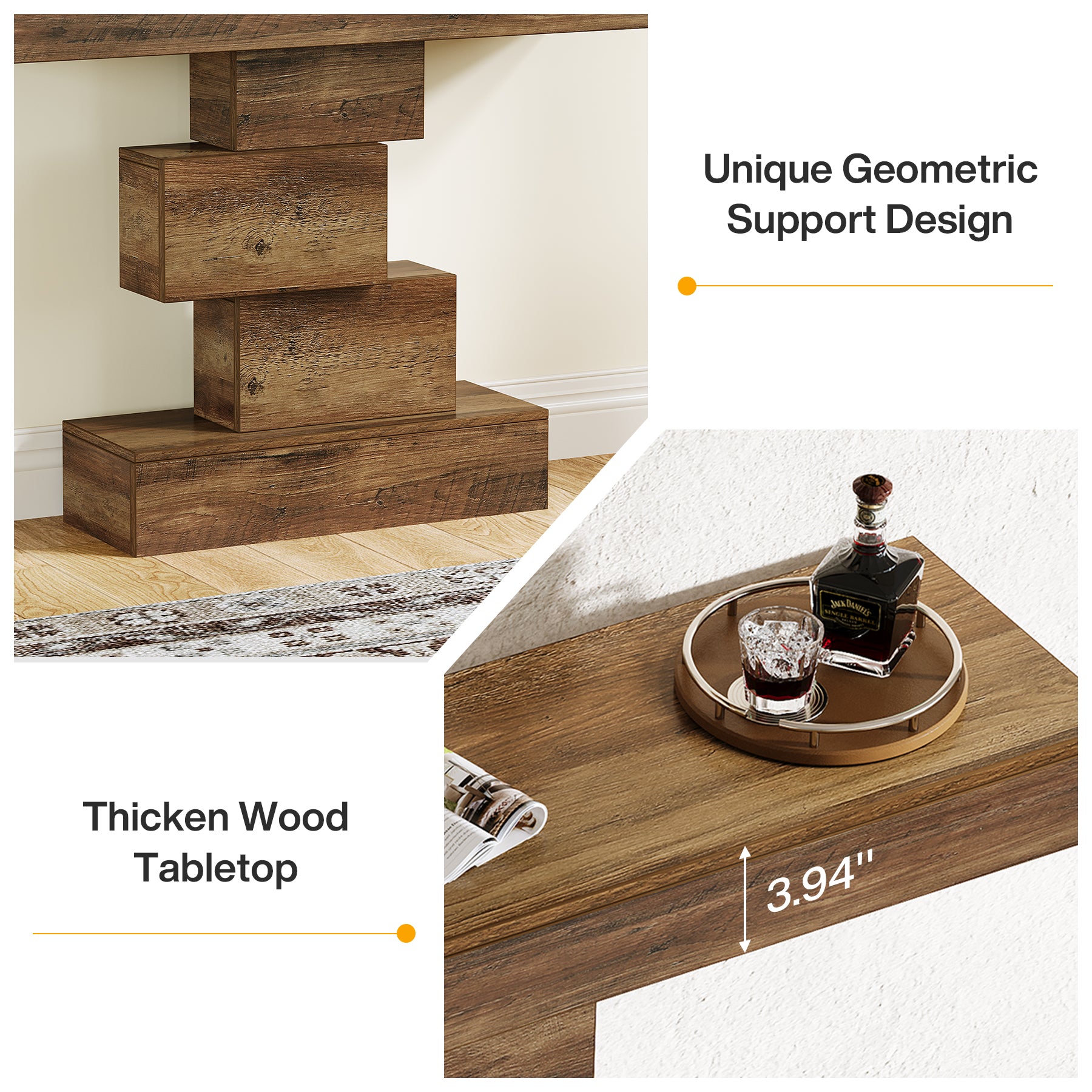108 cm Landelijke Console, Industriële Bijzettafel met Geometrische Basis voor Hal en Woonkamer