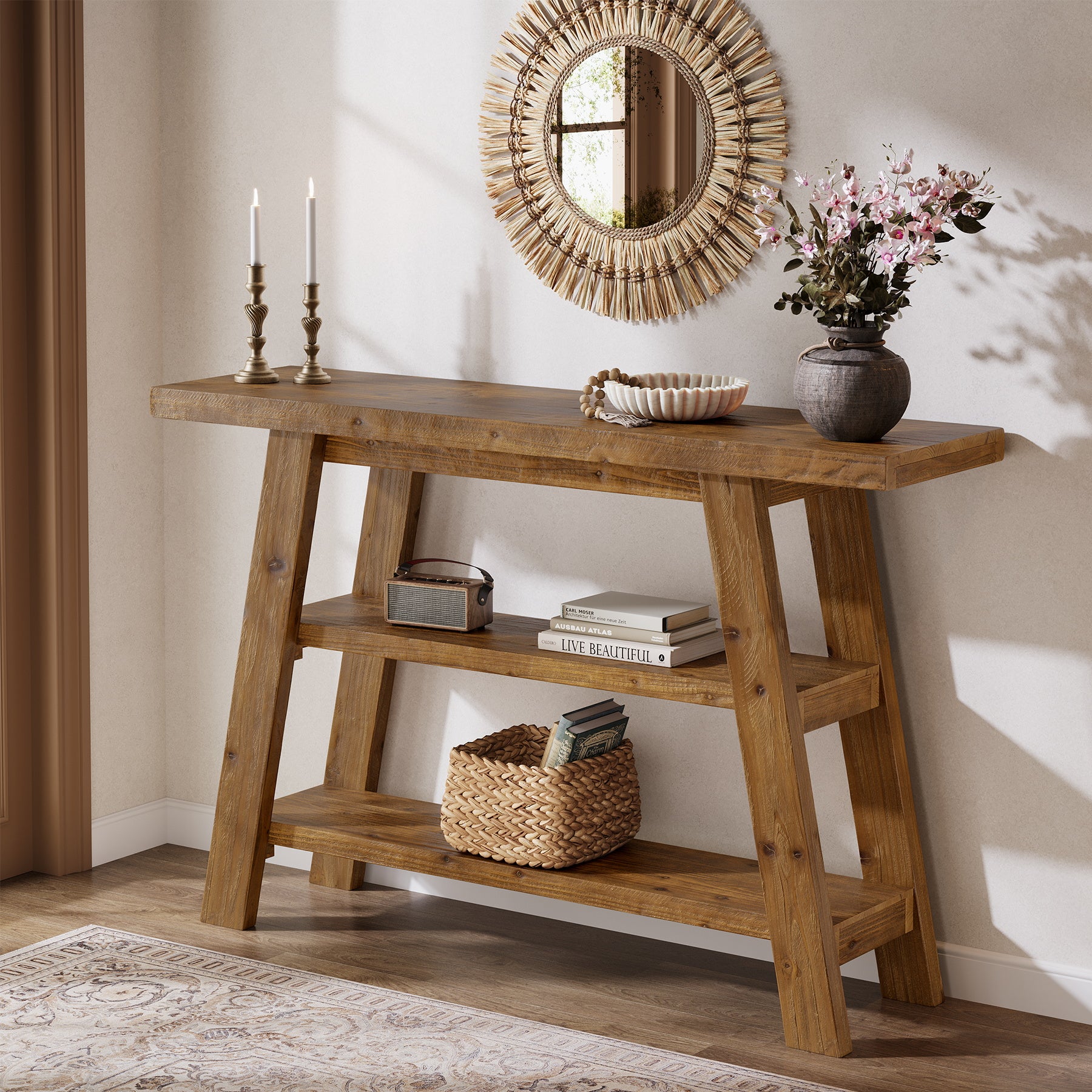 120 cm Tribesigns Massief Houten Consoletafel met 3 Niveaus, Smalle Boerderijstijl Entreetafel voor Hal en Woonkamer