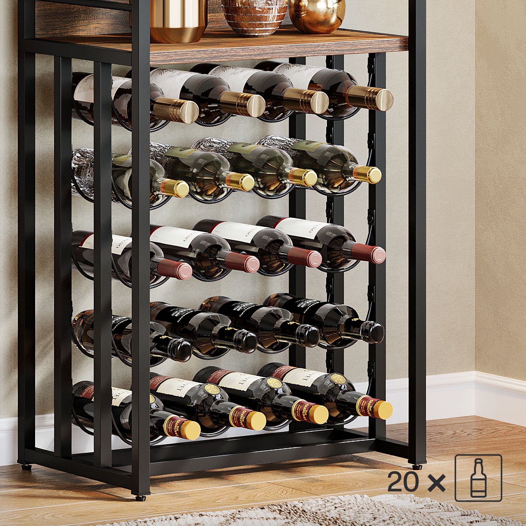 50 x 35 x 180 cm Wijnrek met Tafelblad en Glashouder, Industrieel Metaal in Vintage Bruin-Zwart